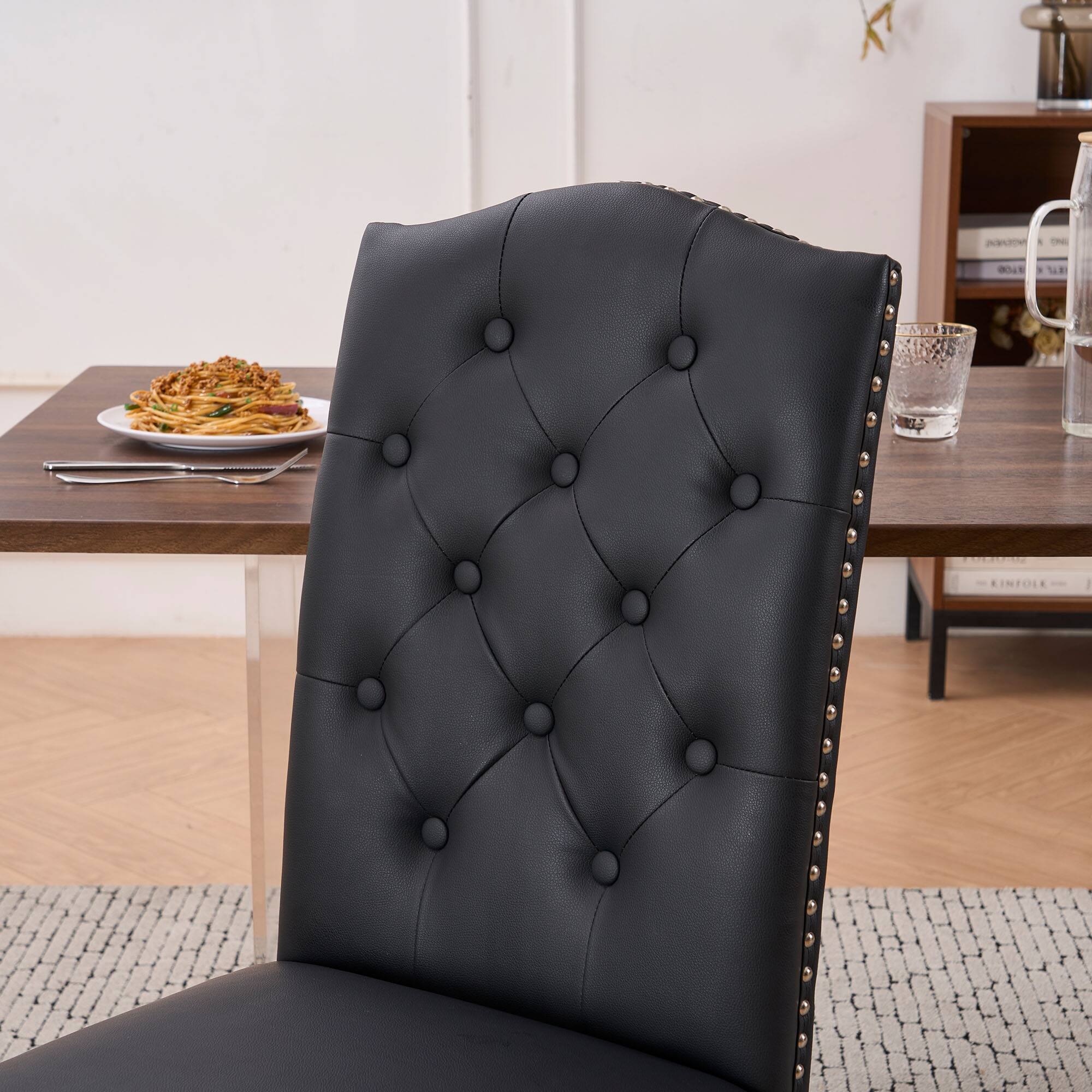 Alt View 1. FERPIT - FERPIT Set of 2 Upholstery Faux Leather Dining Chairs with Button Tufted High Back and Nailhead Trim, Black - Black.
