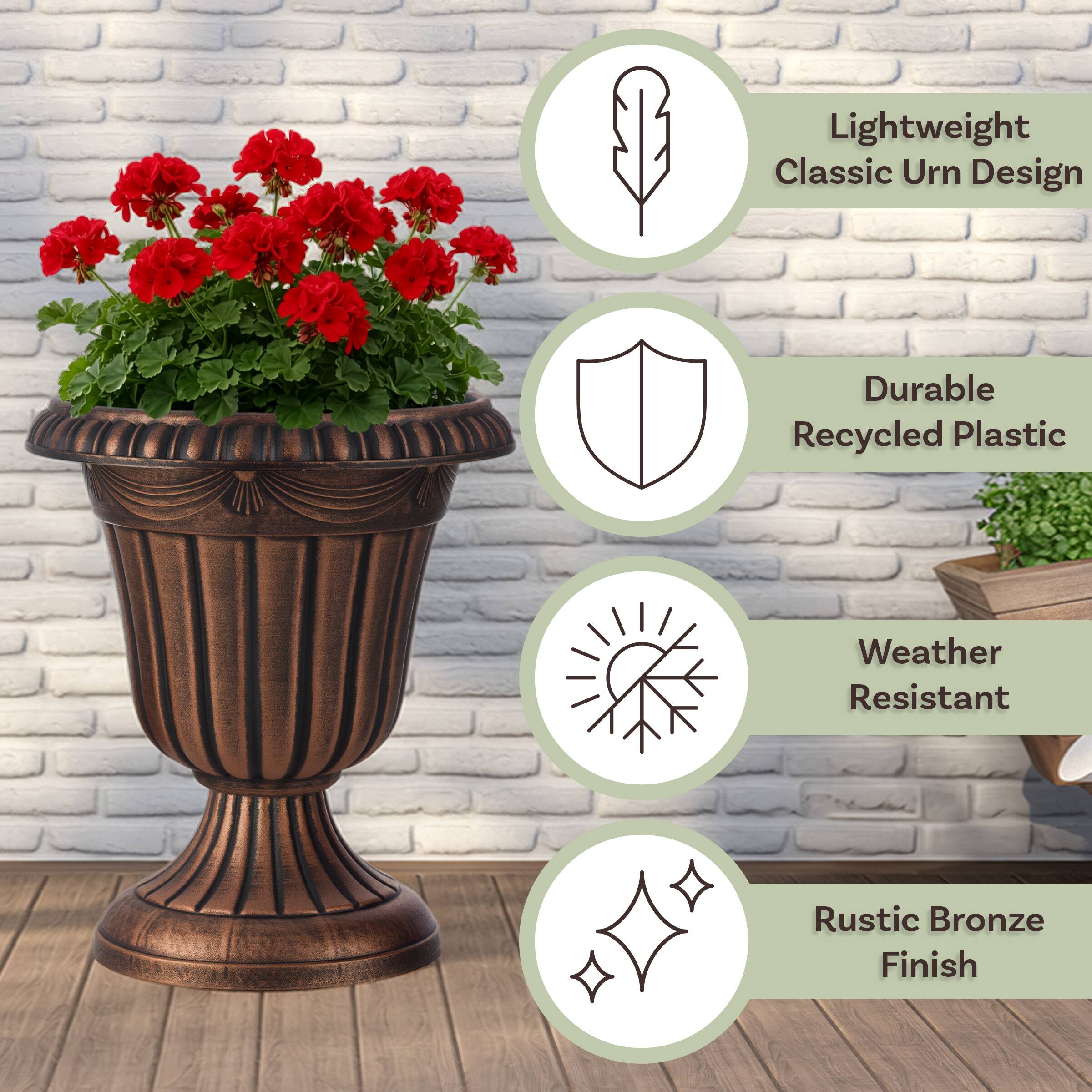 - Lightweight Classic Urn Design
- Durable Recycled Plastic
- Weather Resistant
- Rustic Bronze Finish