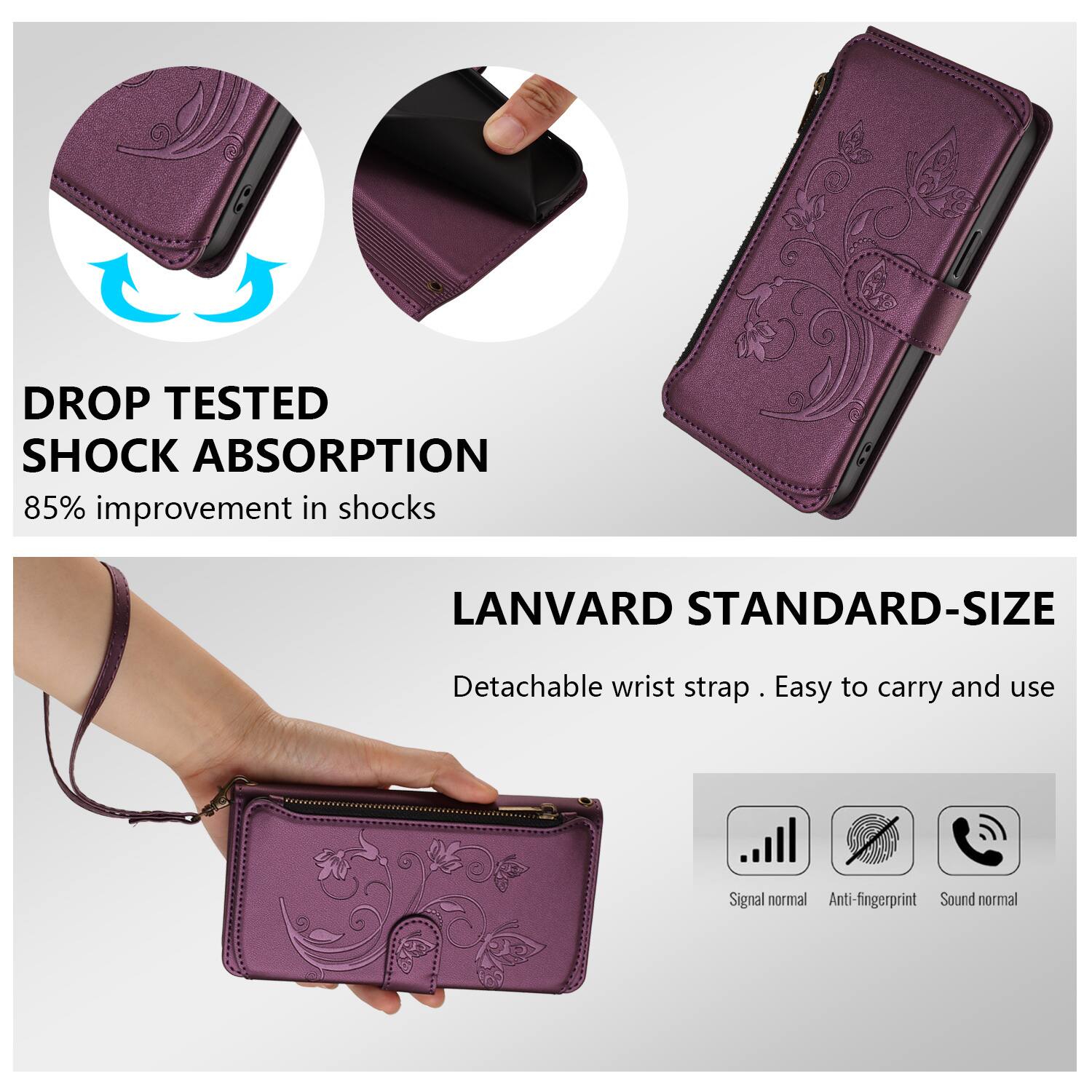 DROP TESTED SHOCK ABSORPTION  
85% improvement in shocks  

LANVARD STANDARD-SIZE  
Detachable wrist strap . Easy to carry and use  

Signal normal  
Anti-fingerprint  
Sound normal