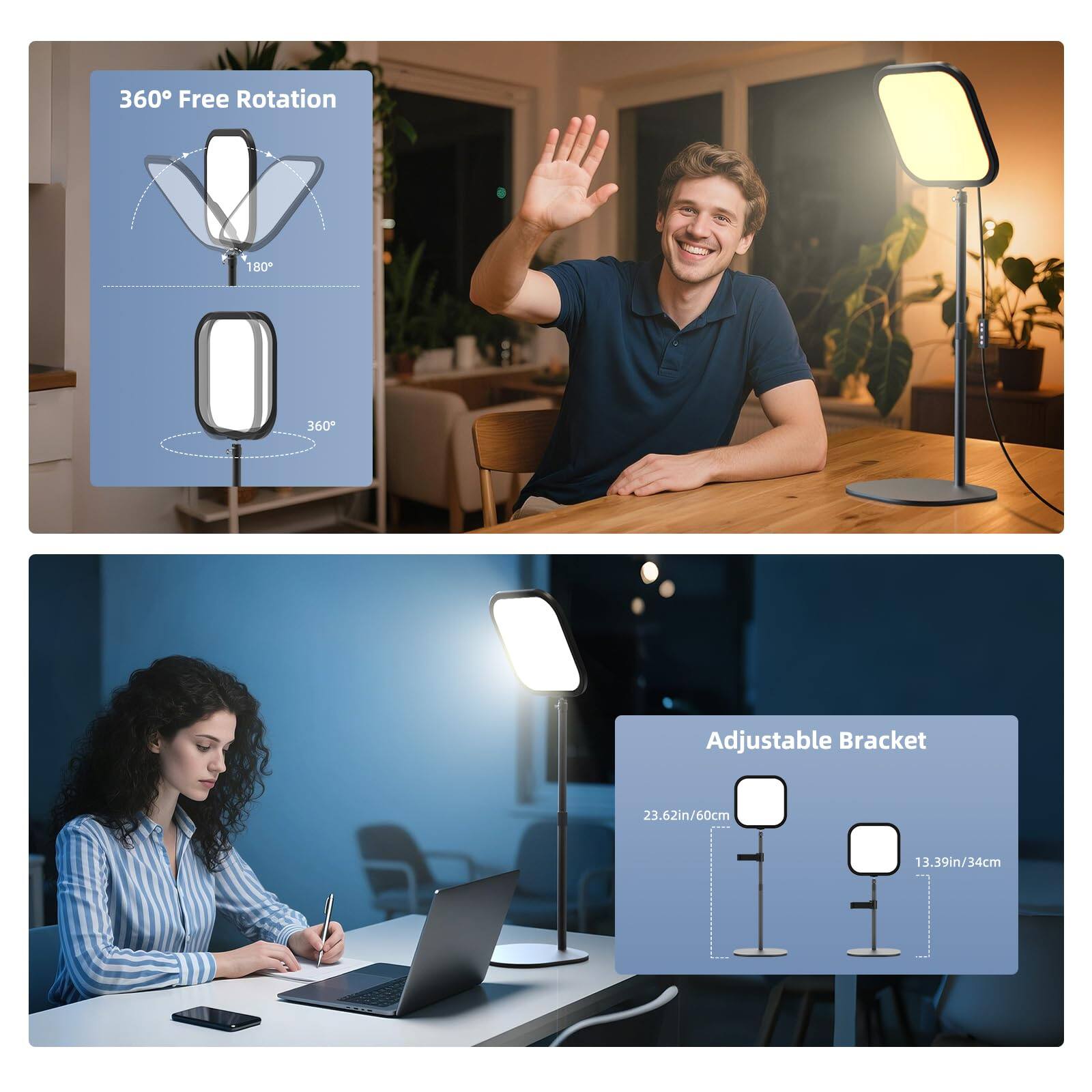 360° Free Rotation  
180°  
360° Adjustable Bracket  
23.62in/60cm  
13.39in/34cm