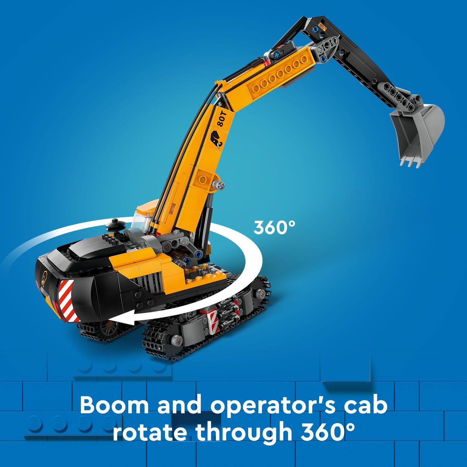 The text on the image reads: "80T 360 Boom and operator's cab rotate through 360."