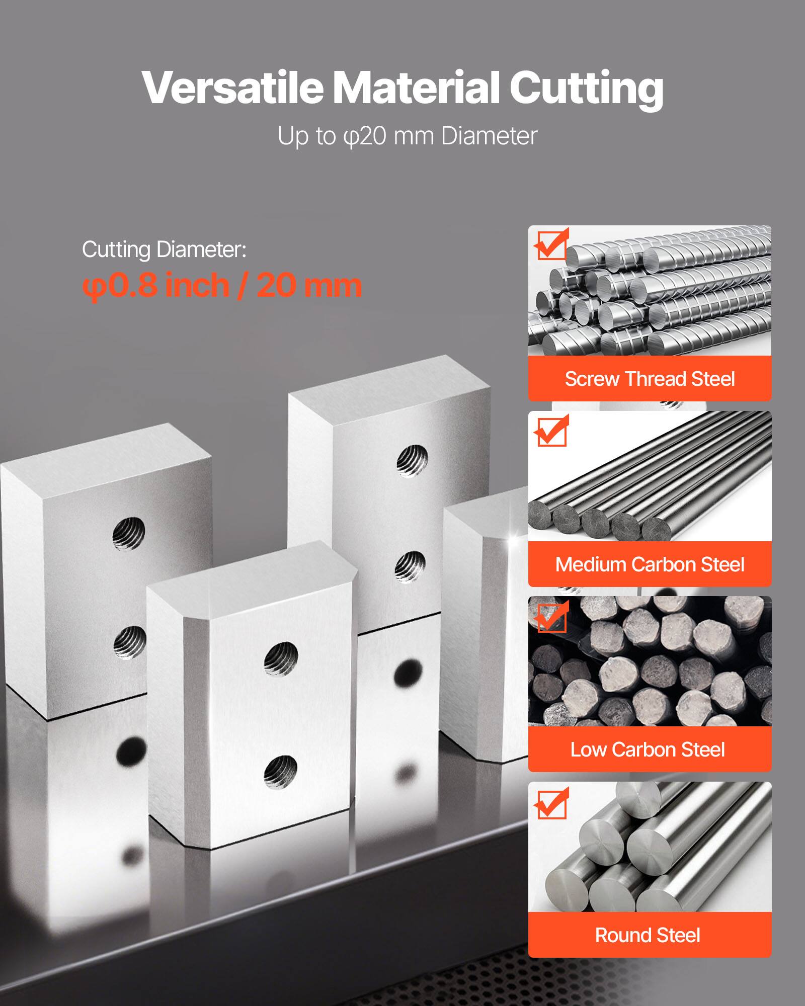 Versatile Material Cutting  
Up to φ20 mm Diameter  

Cutting Diameter:  
φ0.8 inch / 20 mm  

- Screw Thread Steel  
- Medium Carbon Steel  
- Low Carbon Steel  
- Round Steel