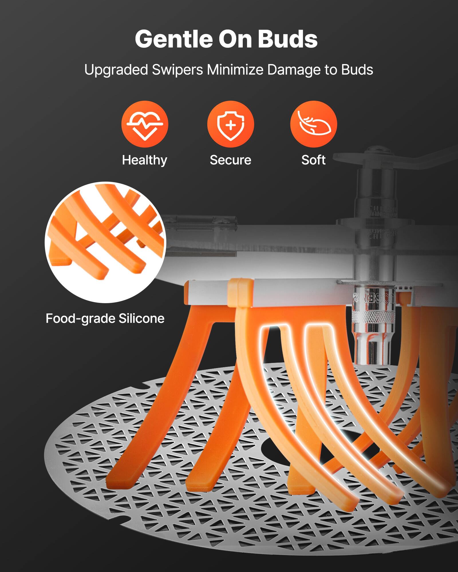 Gentle On Buds  
Upgraded Swipers Minimize Damage to Buds  

Healthy  
Secure  
Soft  

Food-grade Silicone