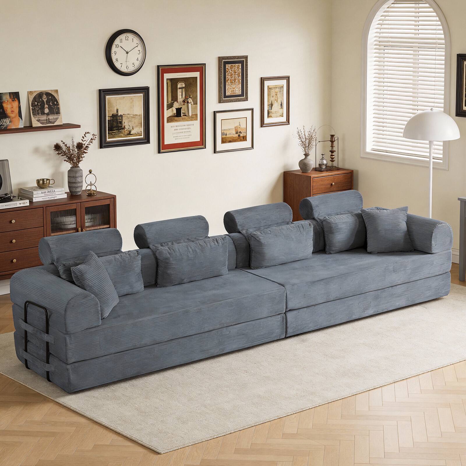 Angle. Anysun - L-Shape Corduroy Modular Sectional Sofa - Minimalist Compressed Design, Unfolds into Bed, Space-Efficient - Dark Grey.