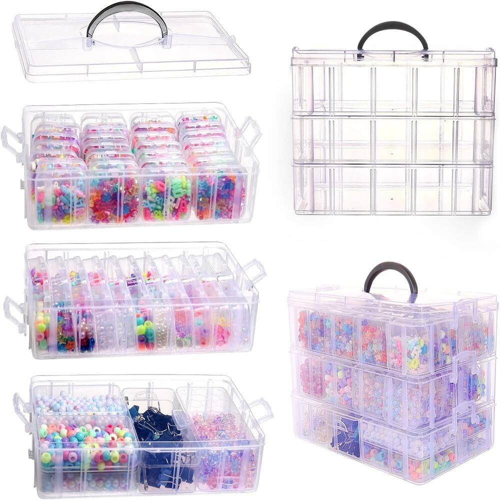 Front. RTMB - Bead Organizer Box with 56 Clear Plastic Containers, Stackable, Lidded.
