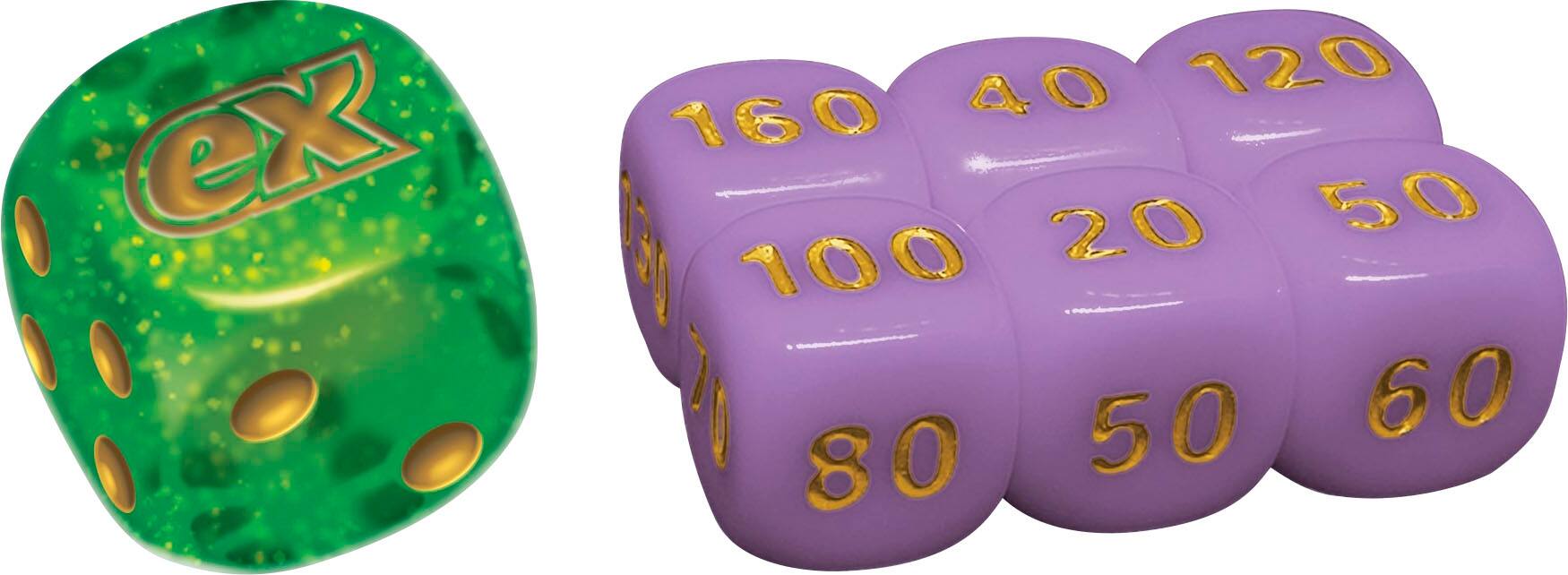 The image features a variety of colorful dice, including a green one with the letters "CX" on it. The other dice come in different colors and have numbers on them. The numbers on the dice range from 10 to 120, and the colors include purple, green, and yellow. The arrangement of the dice suggests that they are meant for use in a game or a gaming activity.