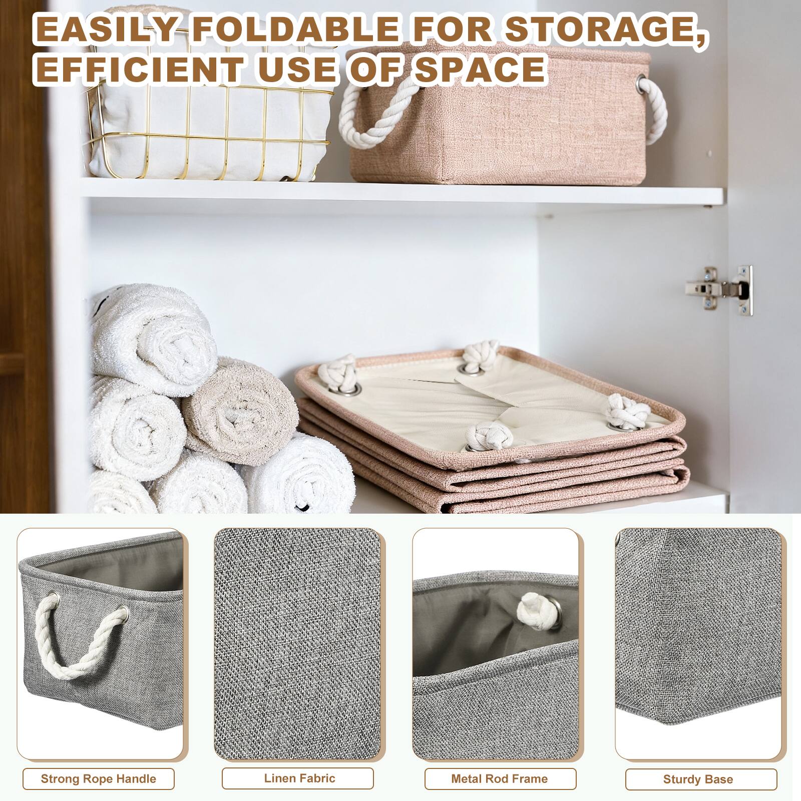 EASILY FOLDABLE FOR STORAGE, EFFICIENT USE OF SPACE

Strong Rope Handle
Linen Fabric
Metal Rod Frame
Sturdy Base