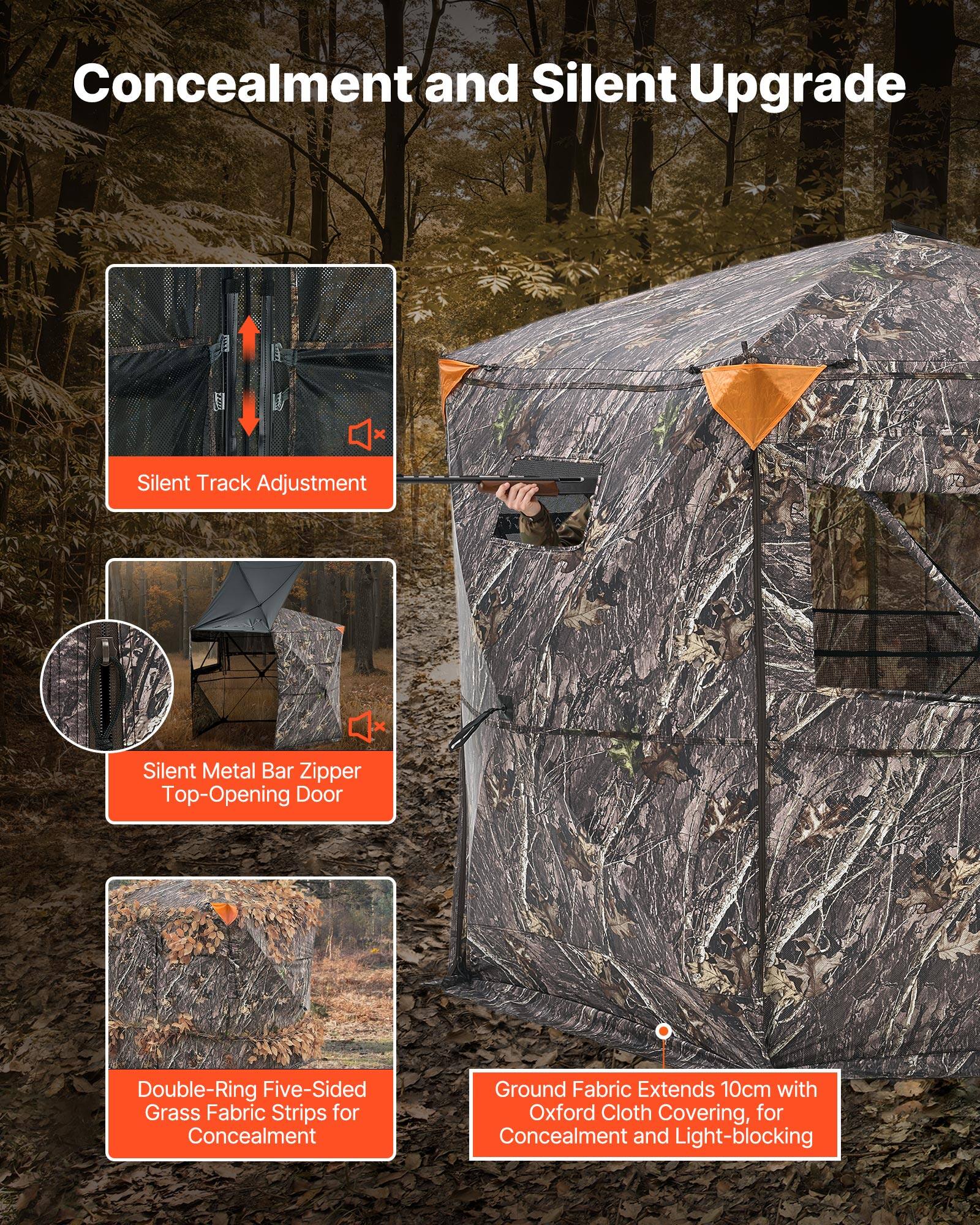 Concealment and Silent Upgrade

- Silent Track Adjustment
- Silent Metal Bar Zipper Top-Opening Door
- Double-Ring Five-Sided Grass Fabric Strips for Concealment
- Ground Fabric Extends 10cm with Oxford Cloth Covering, for Concealment and Light-blocking