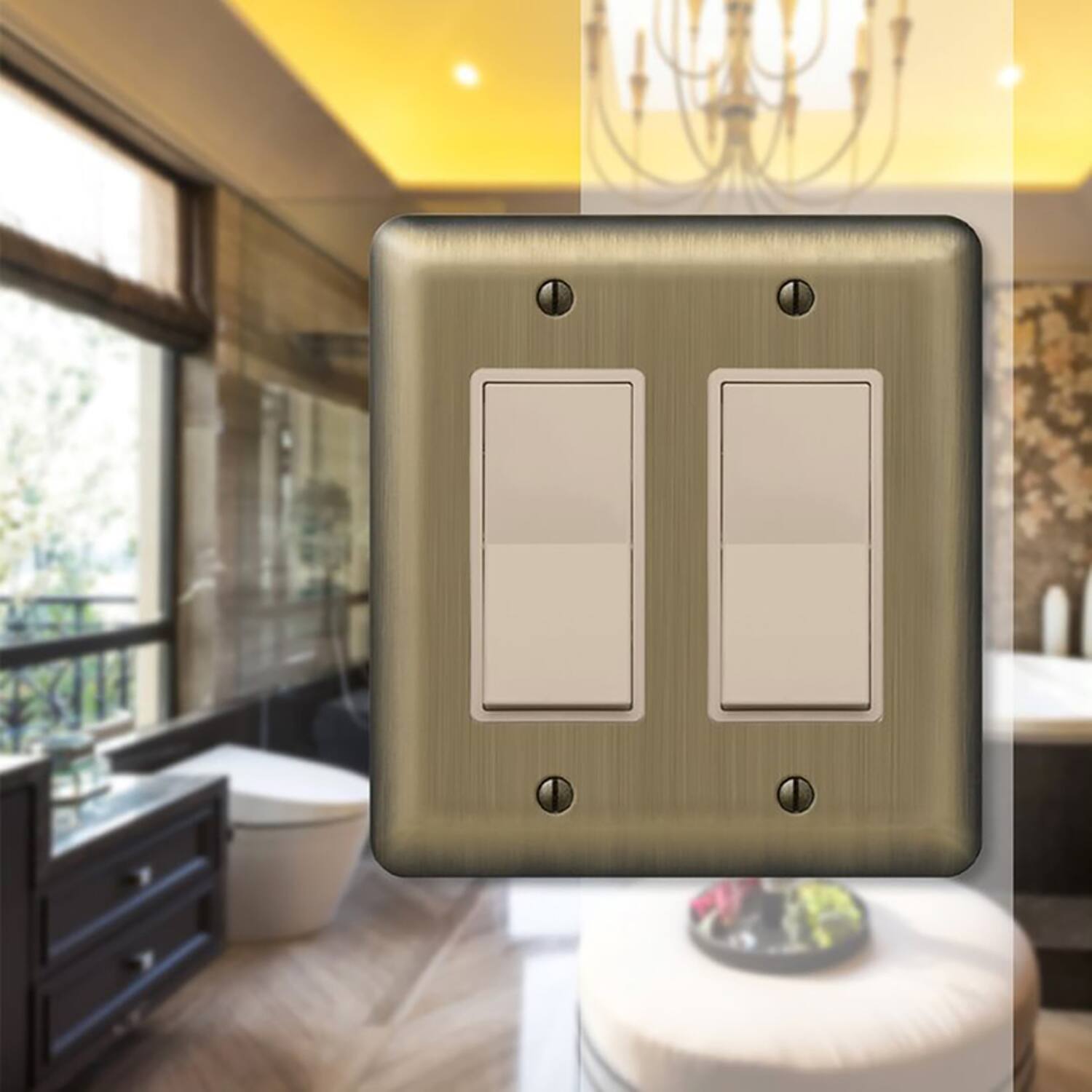 Left. AMERELLE - Amerelle Devon Brushed Brass 2 gang Stamped Steel Decorator Wall Plate 1 pk - Brass.