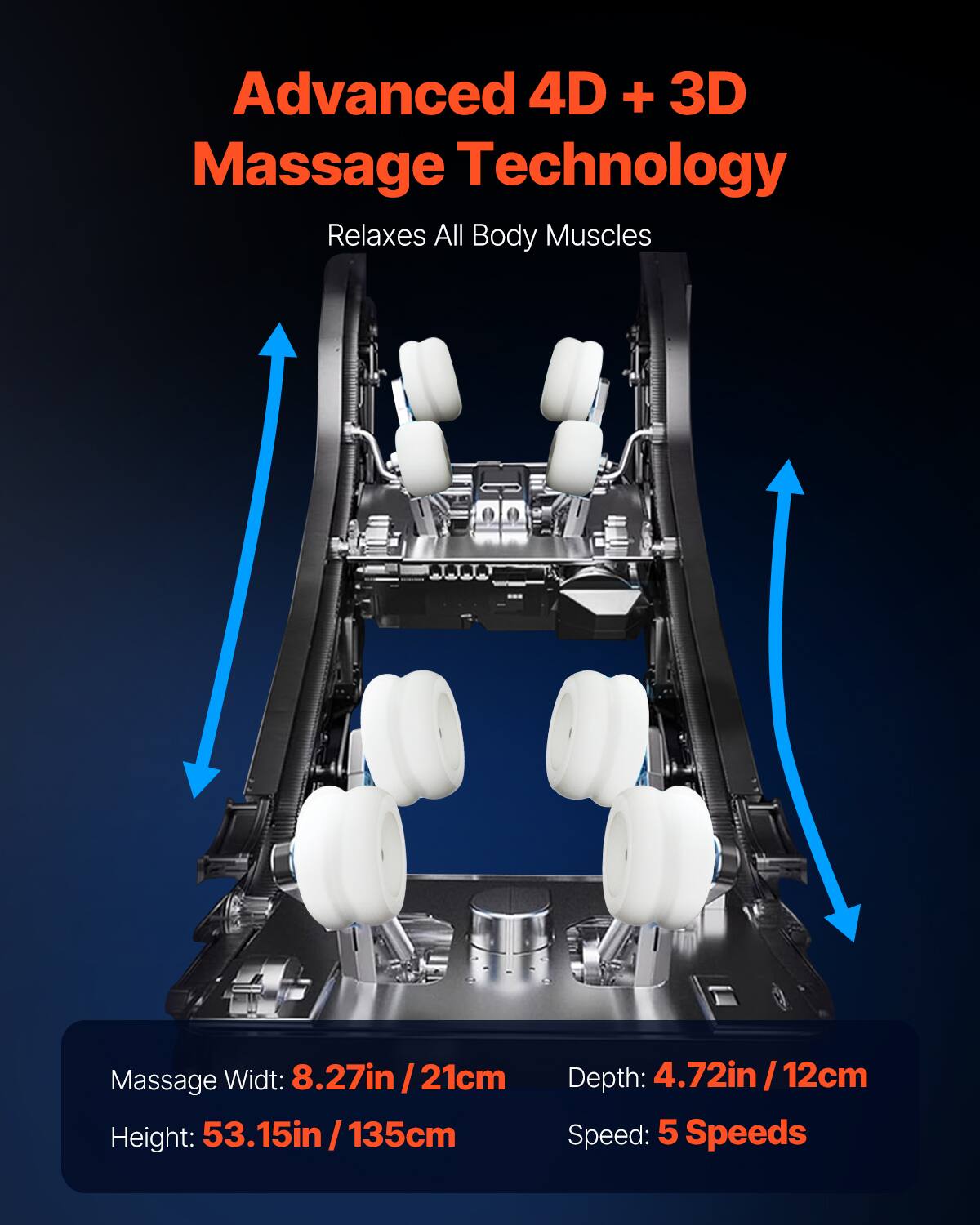 Advanced 4D + 3D Massage Technology  
Relaxes All Body Muscles  

Massage Width: 8.27in / 21cm  
Height: 53.15in / 135cm  
Depth: 4.72in / 12cm  
Speed: 5 Speeds