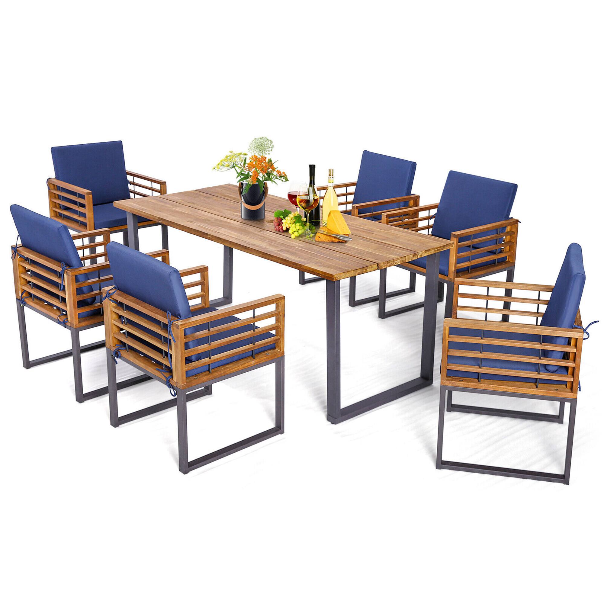 Alt View 5. Gymax - Gymax 7PCS Acacia Wood Patio Dining Set Cushioned Dining Chair & Table Set w/ Umbrella Hole - Navy Blue.