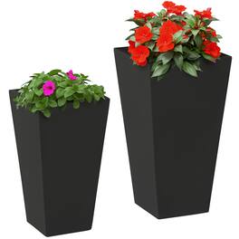 Outsunny - 2-Pack Outdoor Planter Set, Flower Pots with Drainage Holes, Durable & Stackable Plant Pot, 22in & 18in - Black