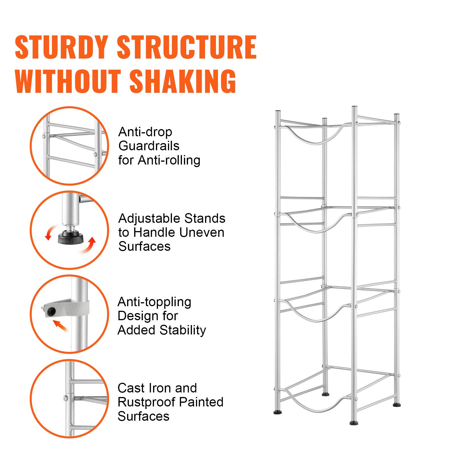 STURDY STRUCTURE WITHOUT SHAKING

- Anti-drop Guardrails for Anti-rolling
- Adjustable Stands to Handle Uneven Surfaces
- Anti-toppling Design for Added Stability
- Cast Iron and Rustproof Painted Surfaces