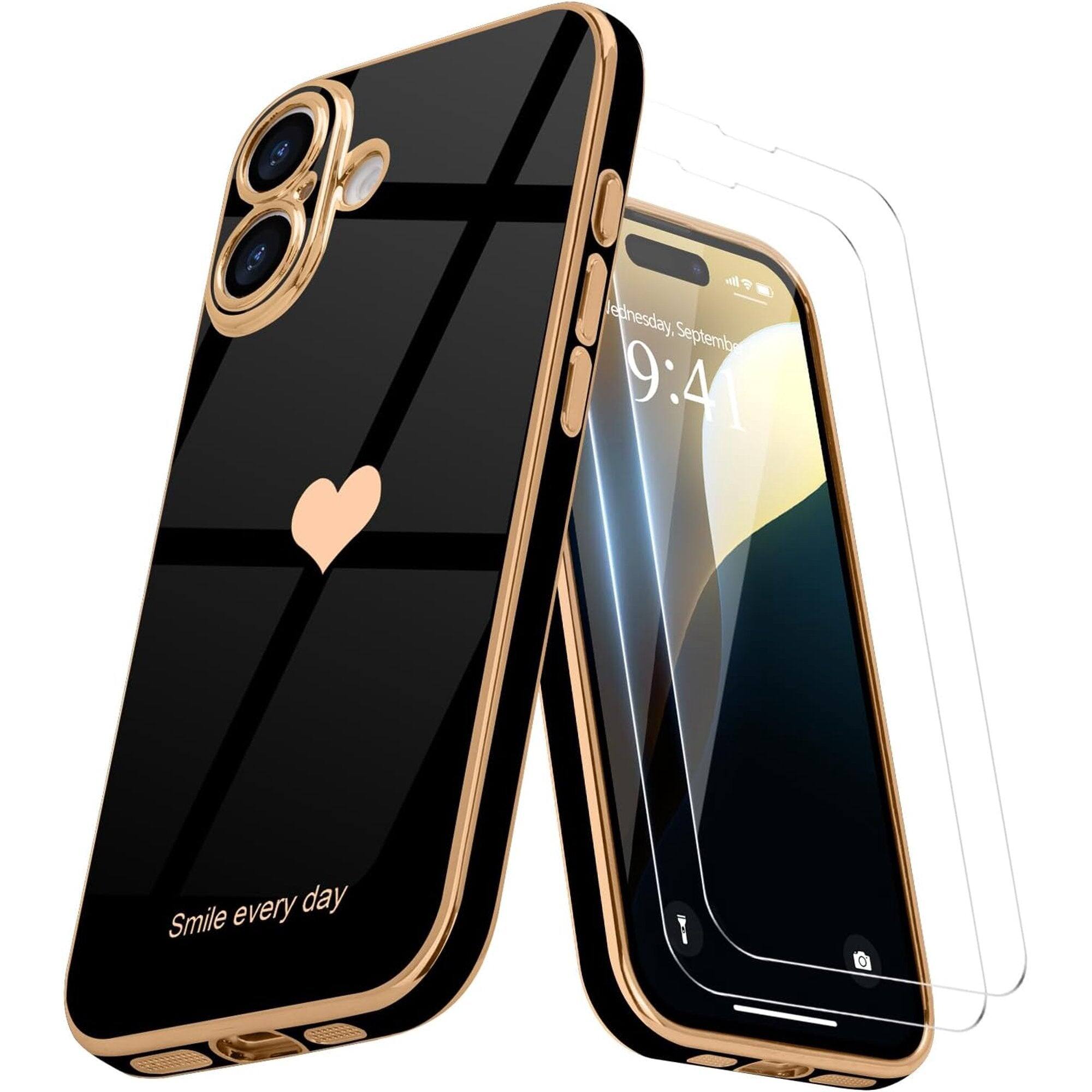Entronix - Premium Bundle for iPhone 16 - Glossy Heart Case with 2 Clear Screen Protectors - Black