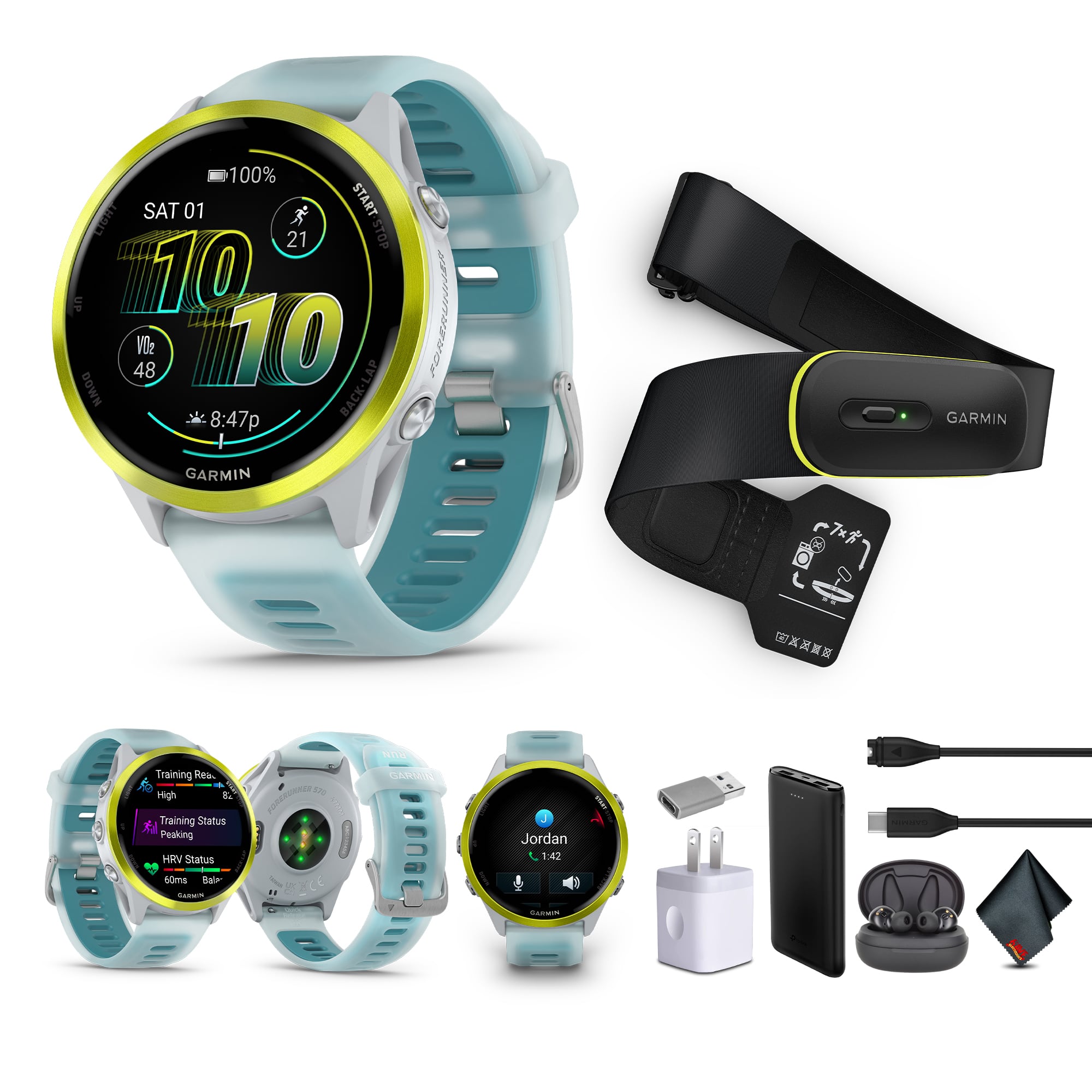 Bundle - Garmin - Forerunner 570 – 47MM, Amp Yellow Aluminum with Translucent Whitestone/Turquoise Band​ , Air Pro TWS EarBuds - Amp Yellow Aluminum with Translucent Whitestone/Tu - (2024)