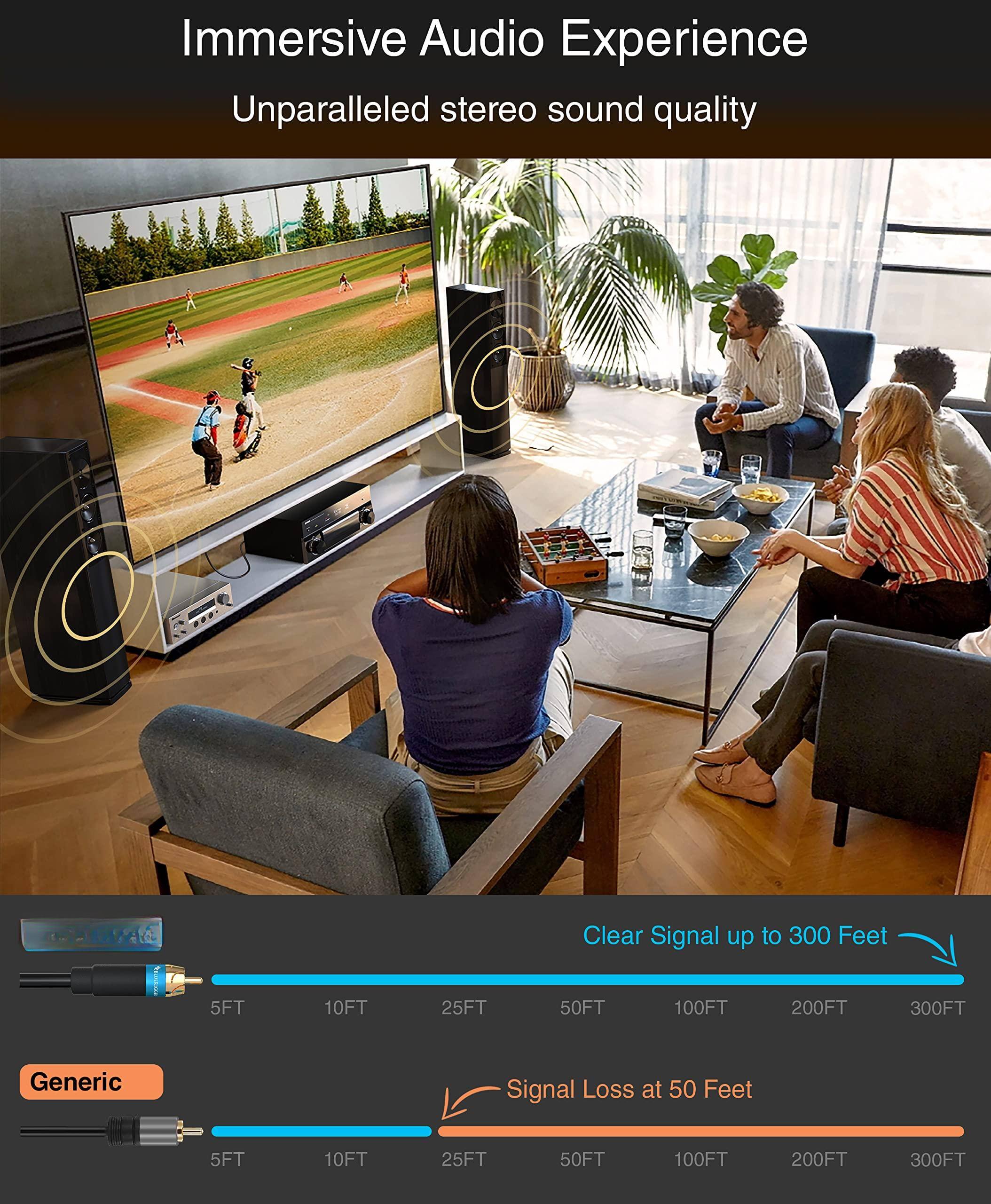 Immersive Audio Experience  
Unparalleled stereo sound quality  

Clear Signal up to 300 Feet  
5FT 10FT 25FT 50FT 100FT 200FT 300FT  

Generic  
Signal Loss at 50 Feet  
5FT 10FT 25FT 50FT 100FT 200FT 300FT