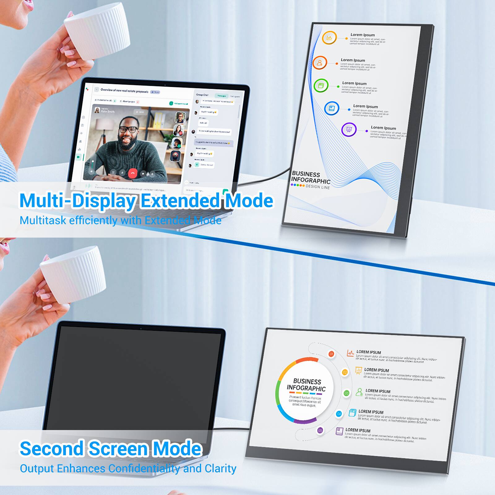 Multi-Display Extended Mode  
Multitask efficiently with Extended Mode

Second Screen Mode  
Output Enhances Confidentiality and Clarity

BUSINESS INFOGRAPHIC  
DESIGN LINE