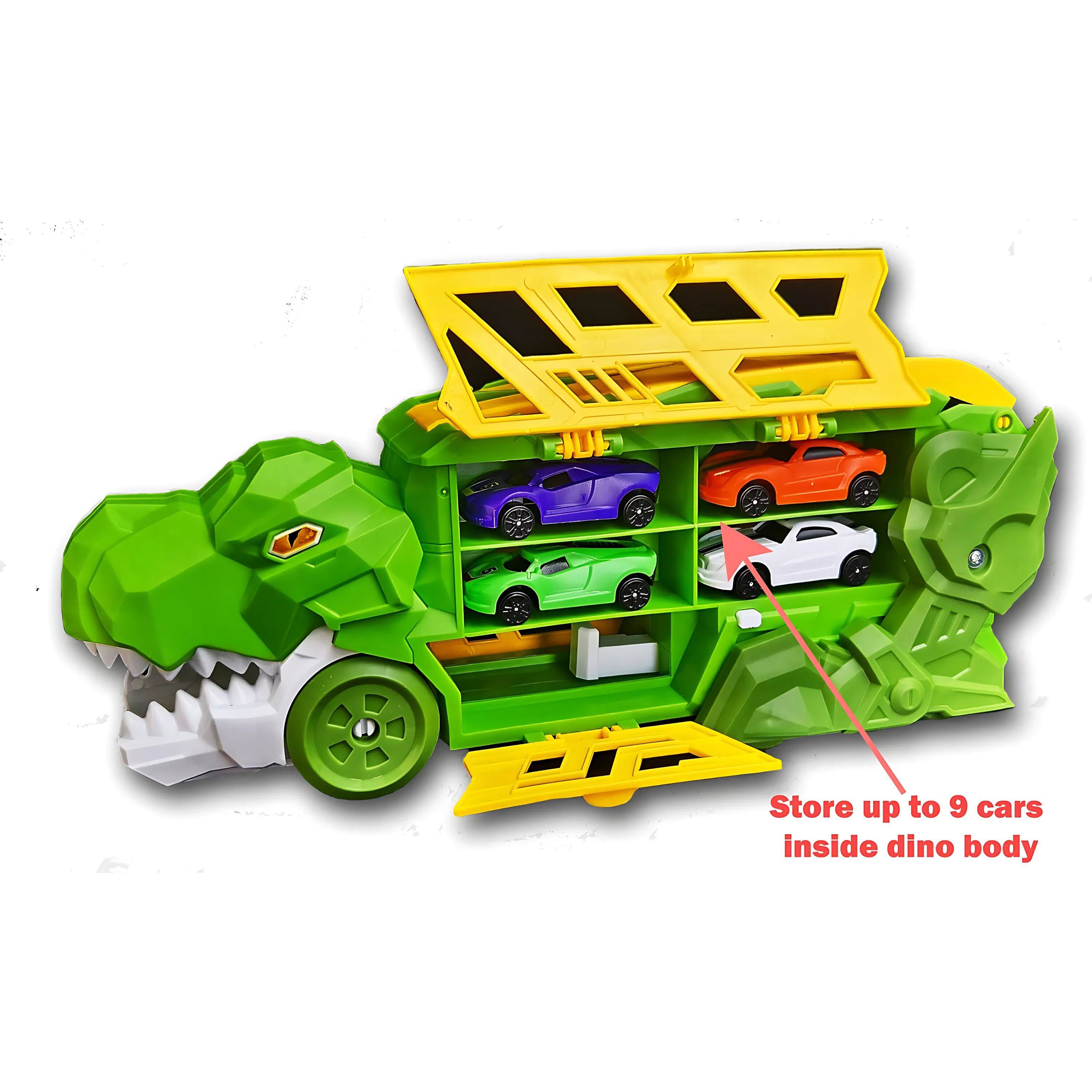 Store up to 9 cars inside dino body