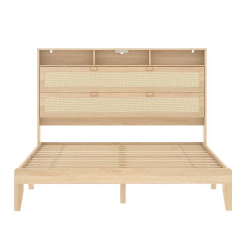 Alt View 1. Winado - Bed Frame with Storage Headboard and Charging Station, Rattan Platform Bed Wood Bed with Shelves, No Box Spring Needed - Natural,Queen Size.