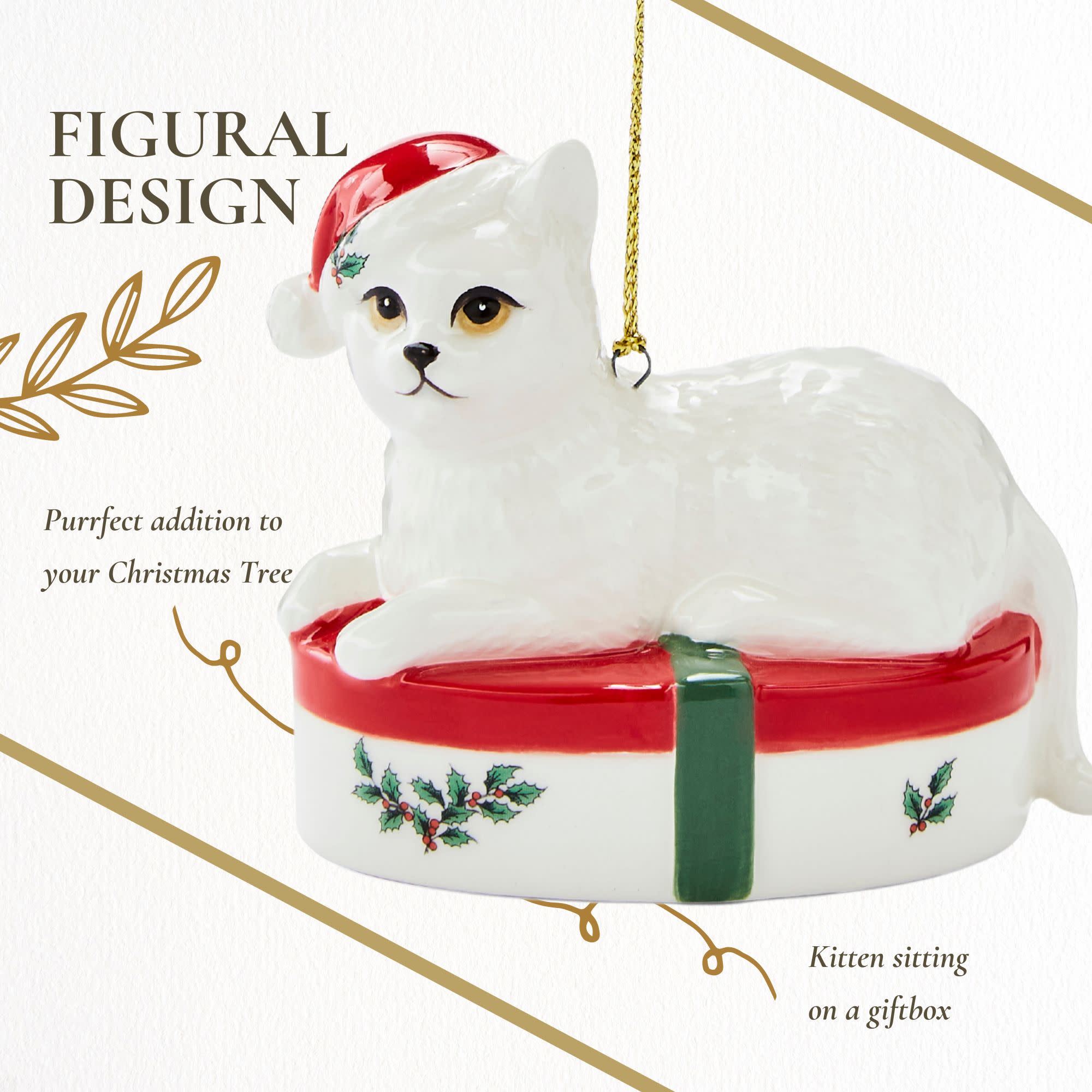 FIGURAL DESIGN  
Purrfect addition to your Christmas Tree  
Kitten sitting on a giftbox
