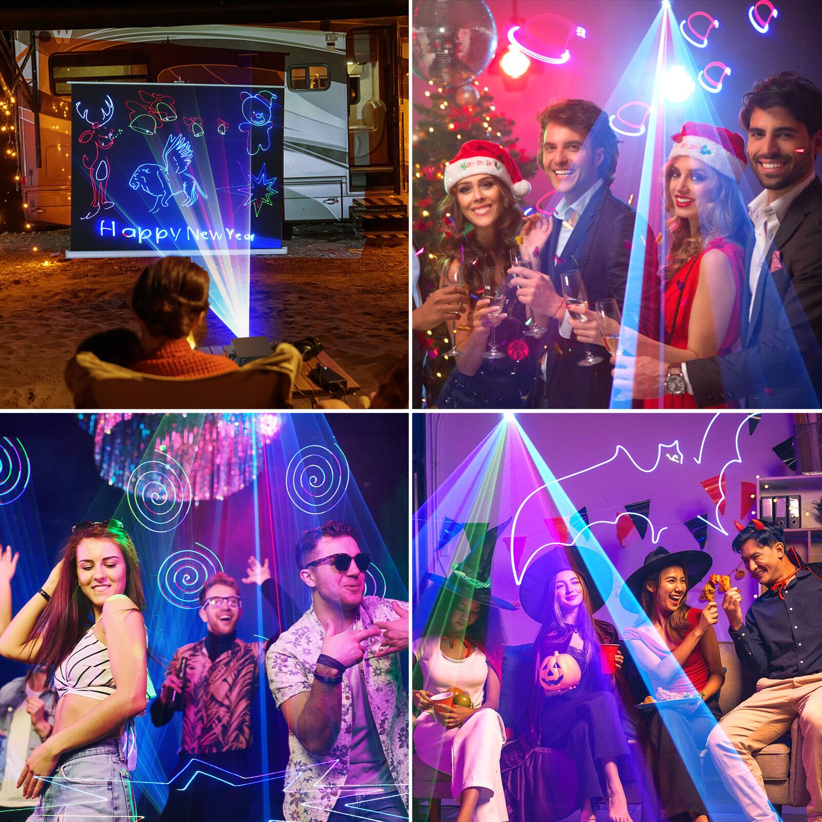 Sure, here is the corrected and grouped text from the image:

1. **Top Left:**
   - "Happy New Year"

2. **Top Right:**
   - "Merry Christmas"

3. **Bottom Left:**
   - (No discernible text)

4. **Bottom Right:**
   - (No discernible text)