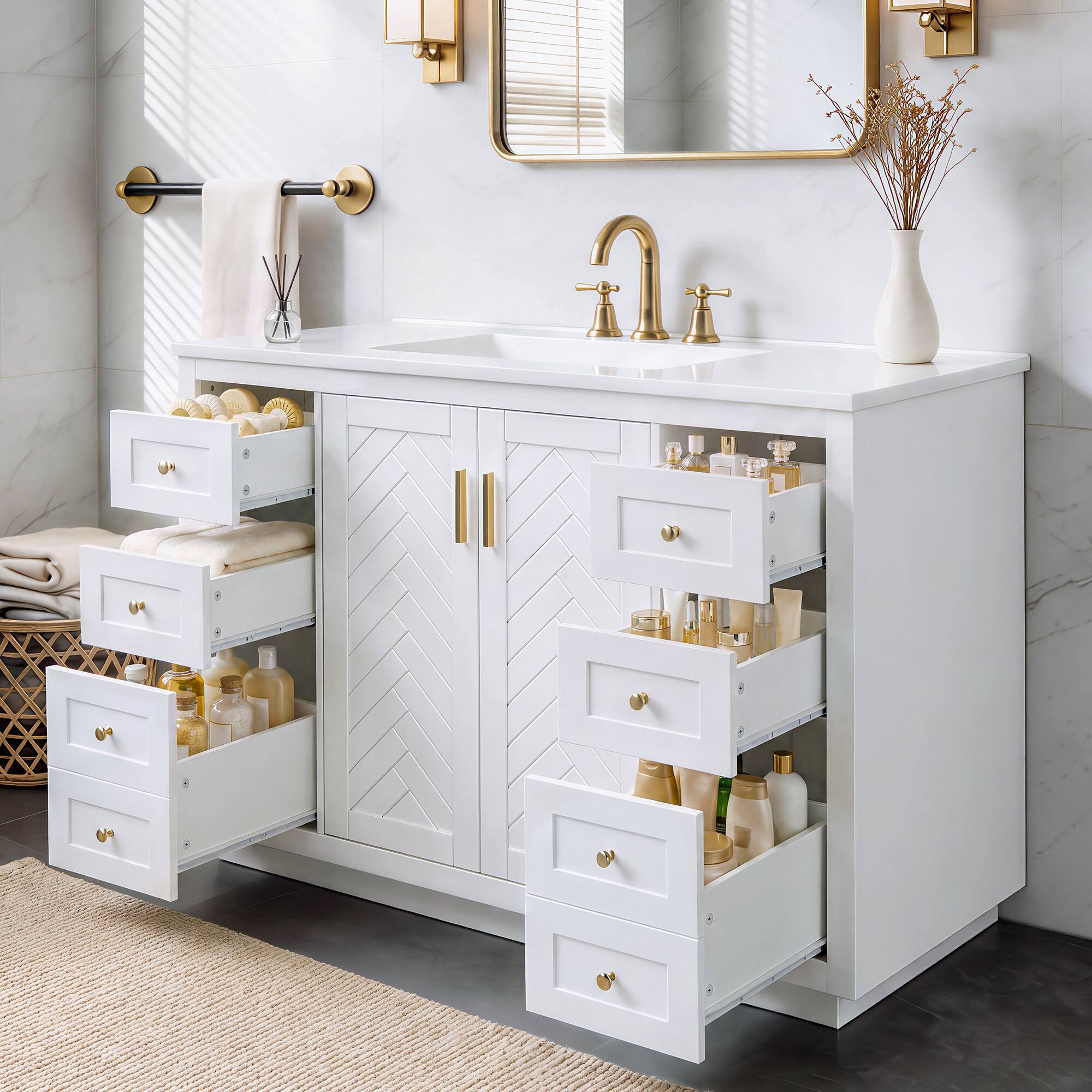 Angle. JUJABU - White 48" Bathroom Vanity with Sink Top,6 Drawers and 2 Soft-clsoe Doors - White.