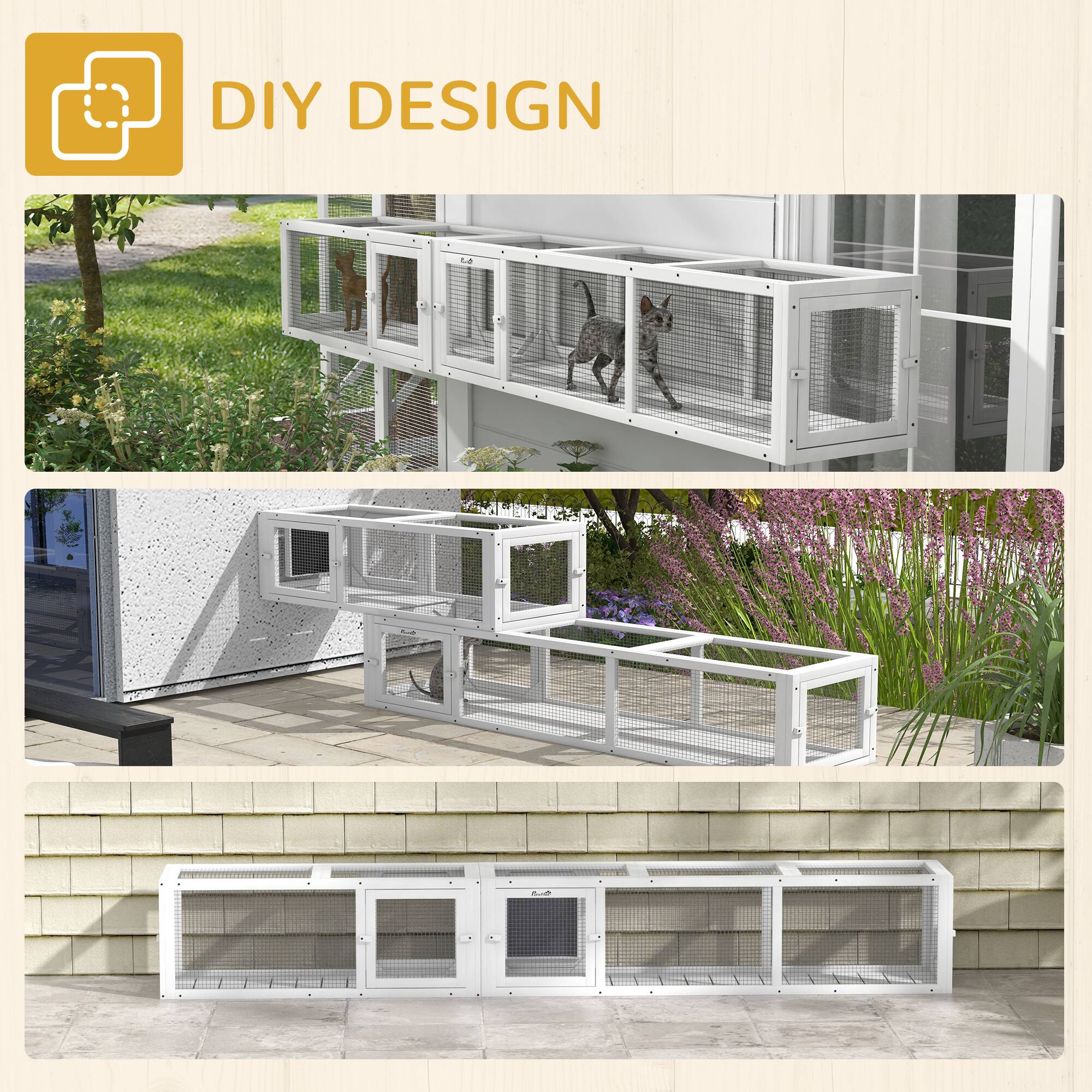 Alt View 1. Pawhut - Outdoor Wooden Cat Tunnel with Combinable Design, 8 Doors, 98" Pet Toy for Kitty, Puppy, fits House, Window, Cage - White.