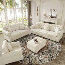 Anysun - 6-Seat Velvet Chesterfield Sofa Set (1+2+3) w/ Nailhead, Rolled Armrests, Button Tufted, 1 Ottoman, Mid-Century - White