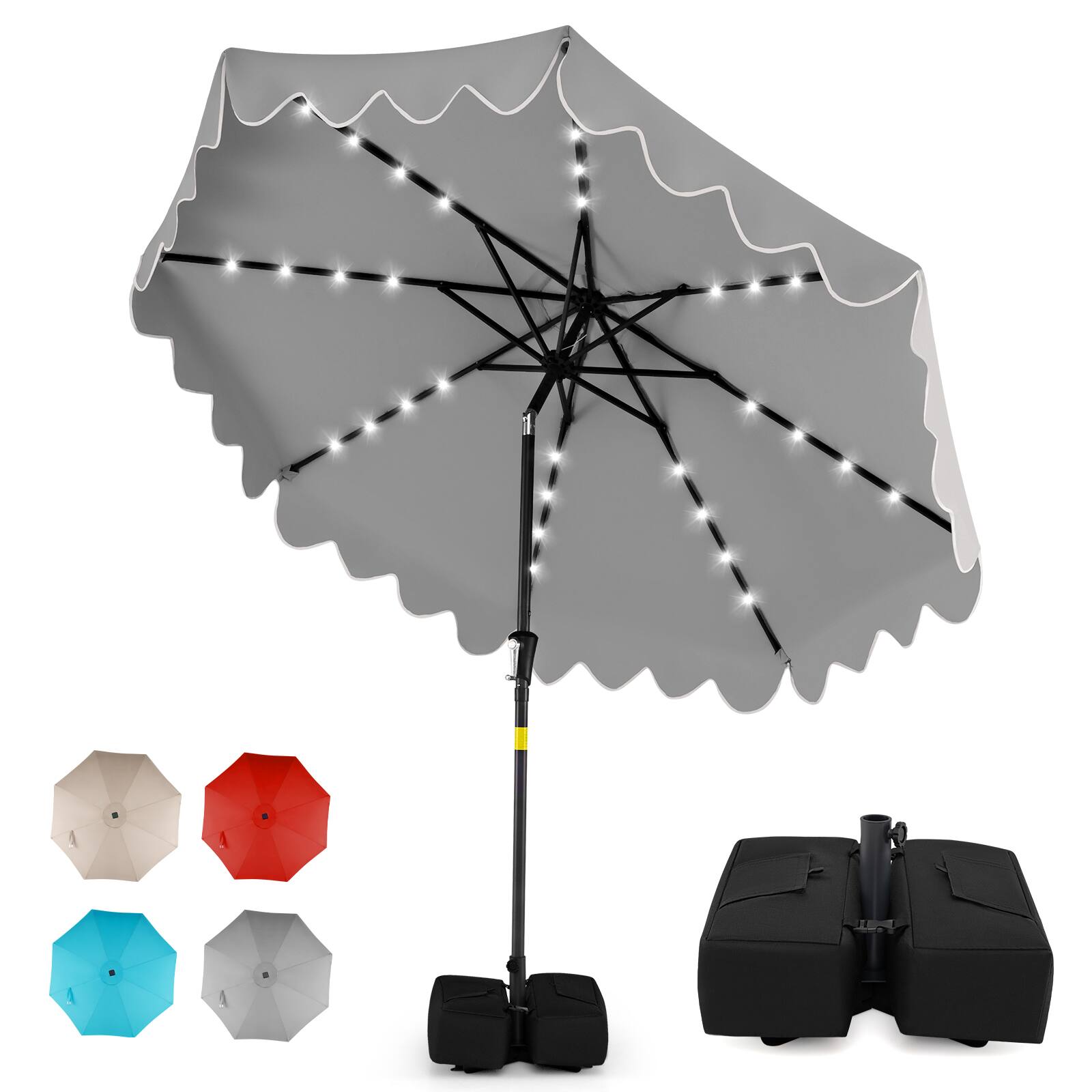 Gymax - 9 FT Outdoor Patio Umbrella w/32 Solar LED Lights & Weighted Base Sandbags - Gray