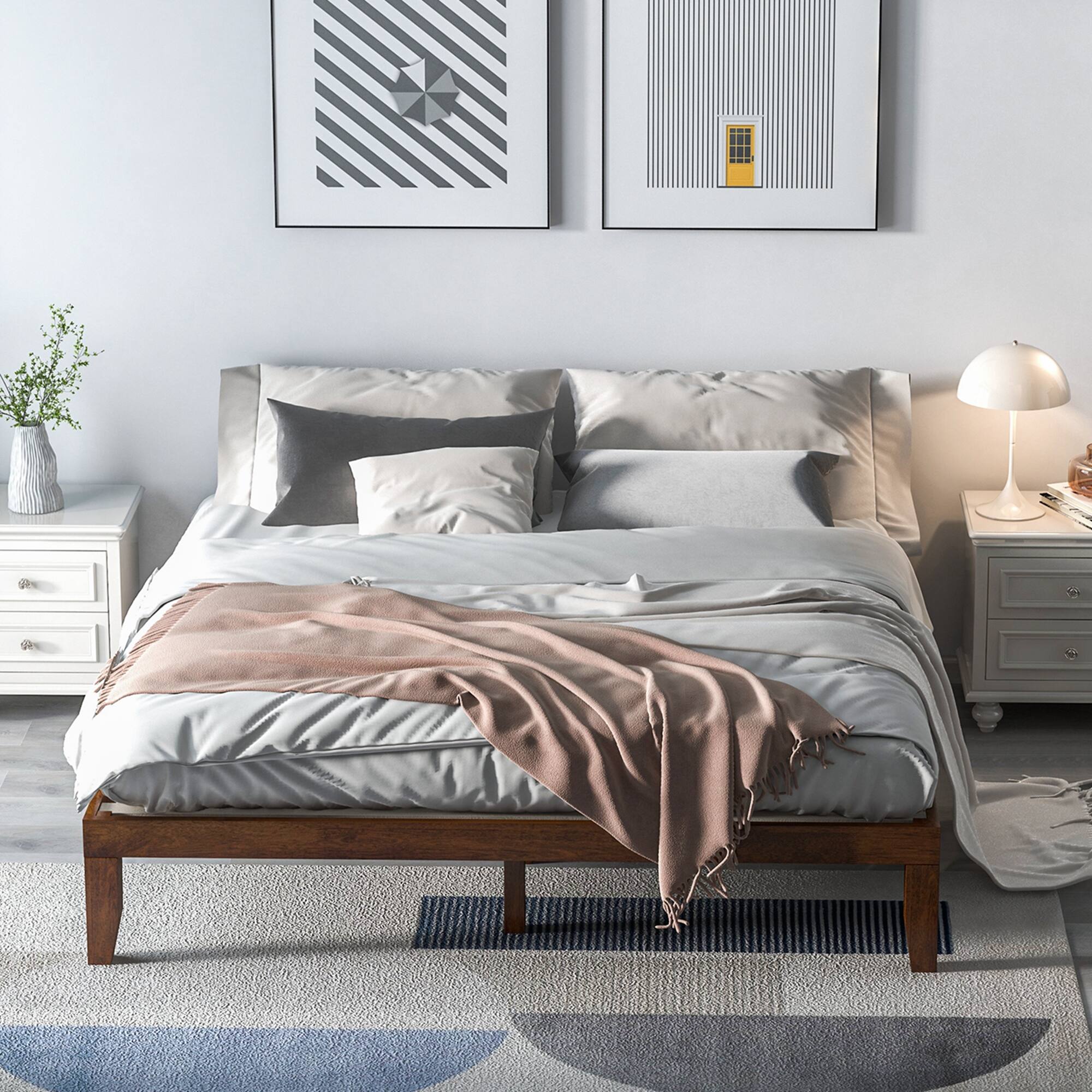 Alt View 2. Costway - Costway King Wooden Platform Bed 14" Slats Support Mattress Foundation - Brown Cherry.