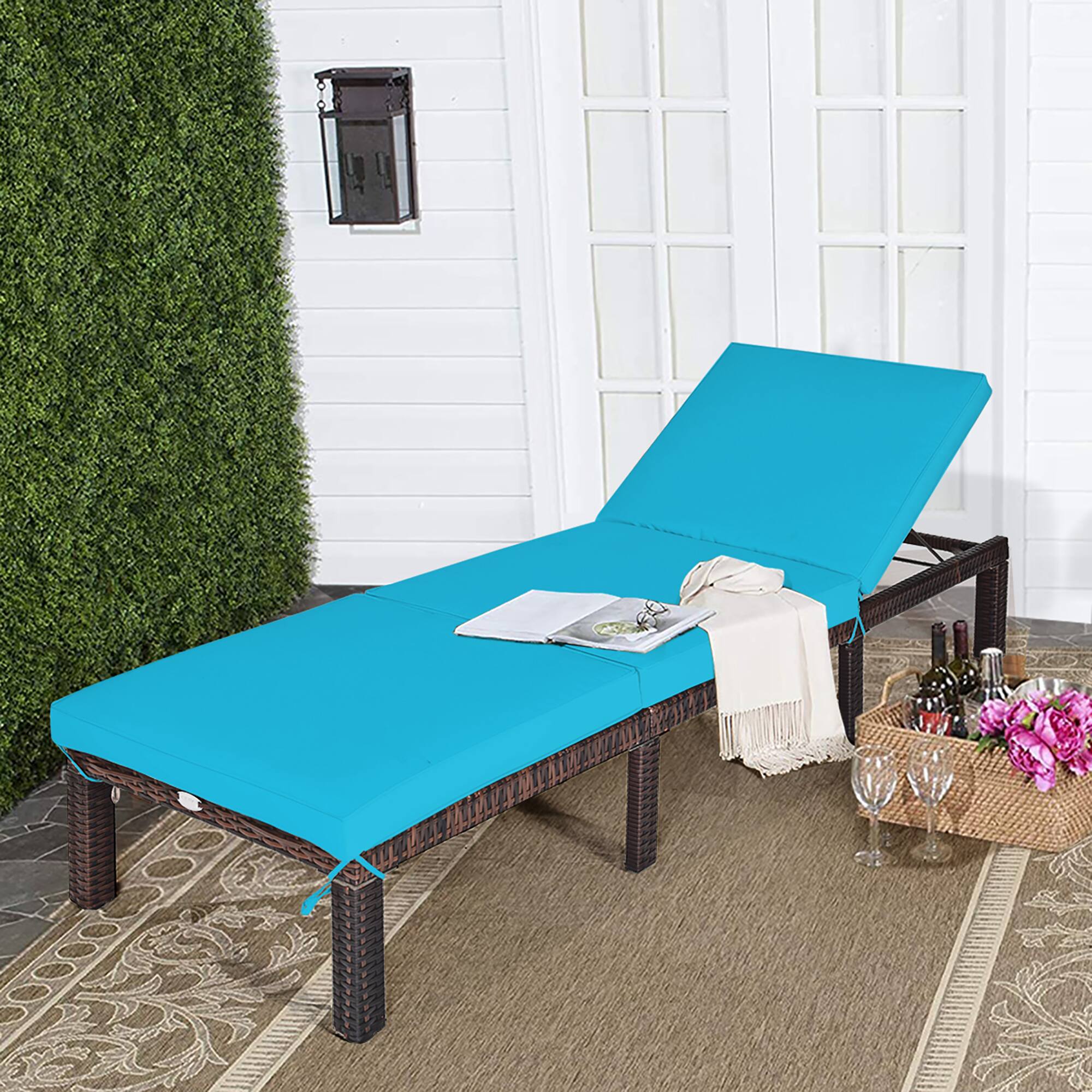 Alt View 3. Costway - 2PCS Outdoor Rattan Lounge Chair Chaise Recliner Adjustable Cushioned - Turquoise.