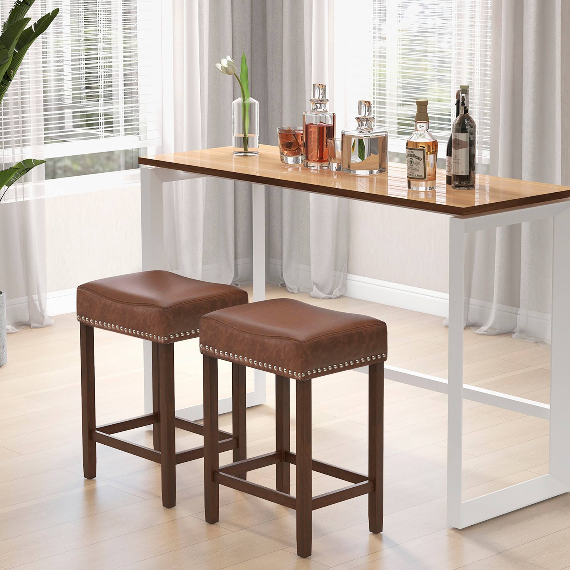 Alt View 4. Gymax - Gymax Bar Stool Set of 4 24-Inch Counter Height Saddle Stools w/ PU Leather Upholstery Brown - Brown.