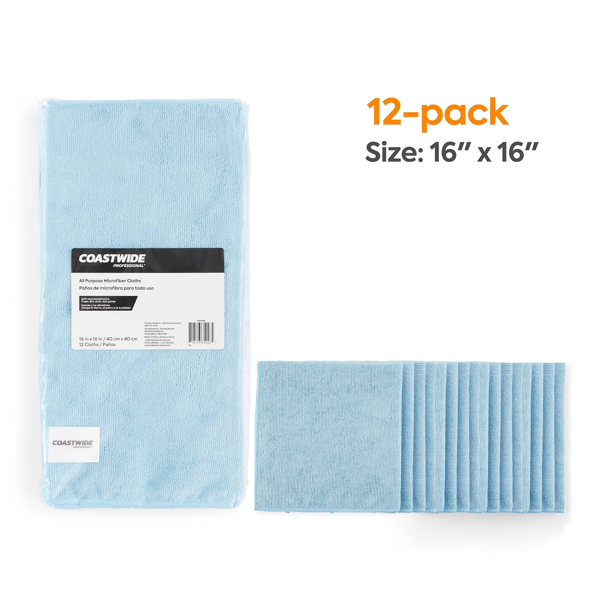 12-pack  
Size: 16" x 16"  

COASTWIDE PROFESSIONAL  
AJ Purpose Microfiber Cloths  
Paños de microfibra para todo uso  

16 in x 16 in / 40 cm x 40 cm  
12 Cloths / Paños  

COASTWIDE