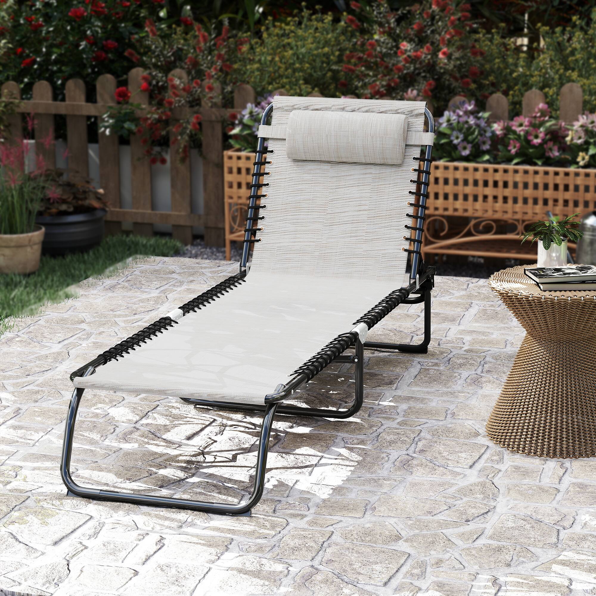 Alt View 8. Outsunny - Chaise Lounge Pool Chair with 4-Position Reclining Back, Pillow, Breathable Mesh & Bungee Seat - Cream White.