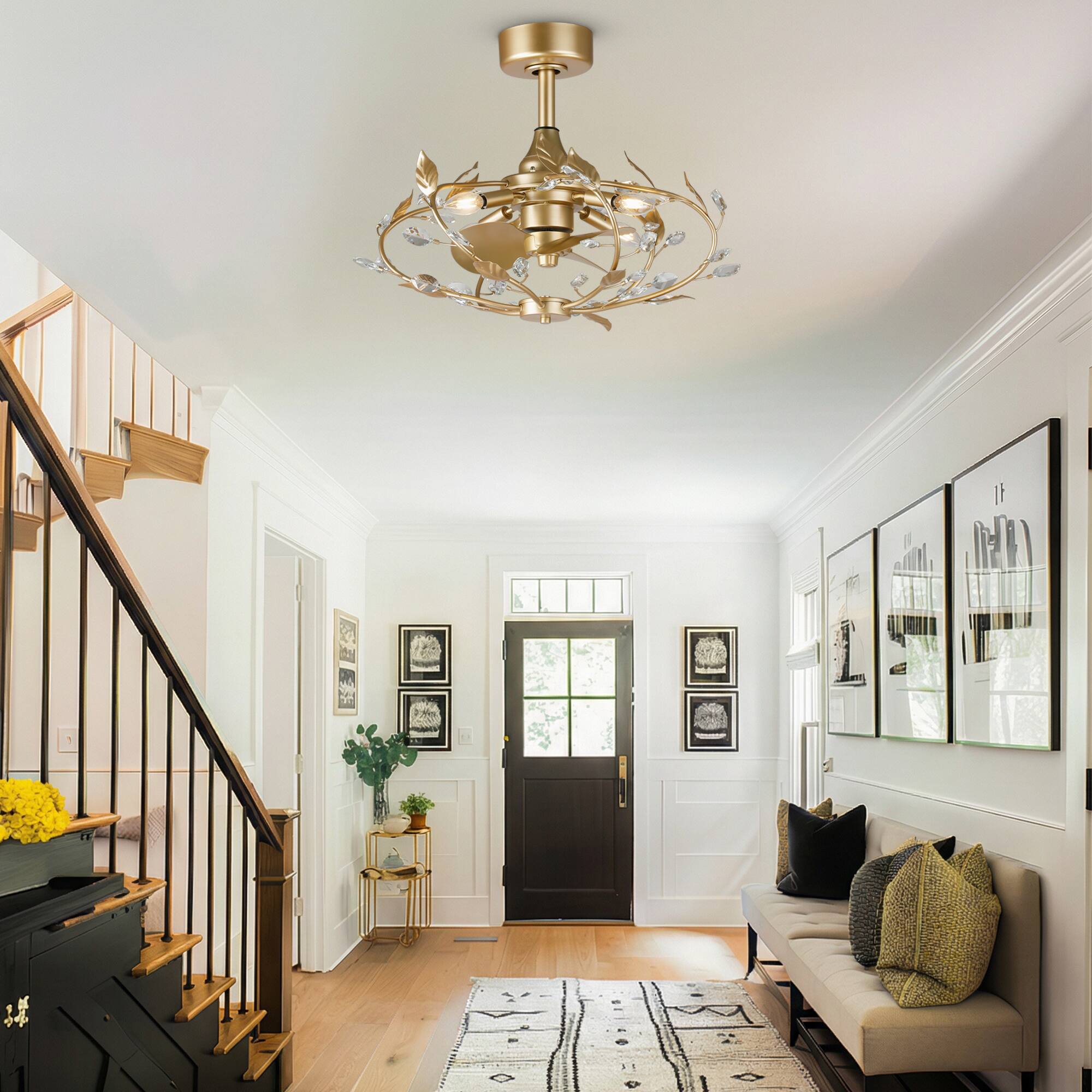 Alt View 2. Parrot Uncle - 24" French Elegant Gold Crystal Leaf Fandelier Ceiling Fan with Remote - Gold.