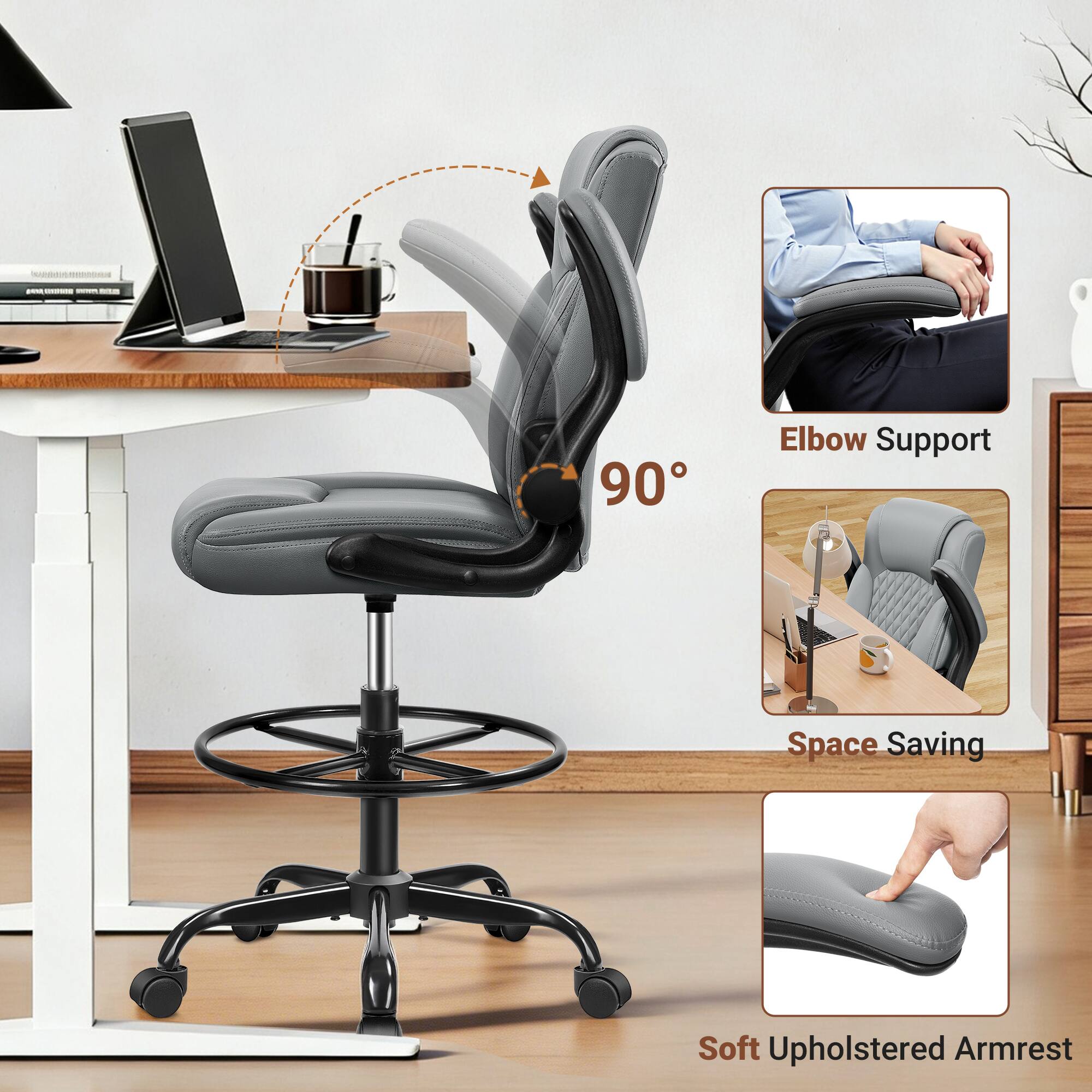 - 90° Elbow Support
- Space Saving
- Soft Upholstered Armrest