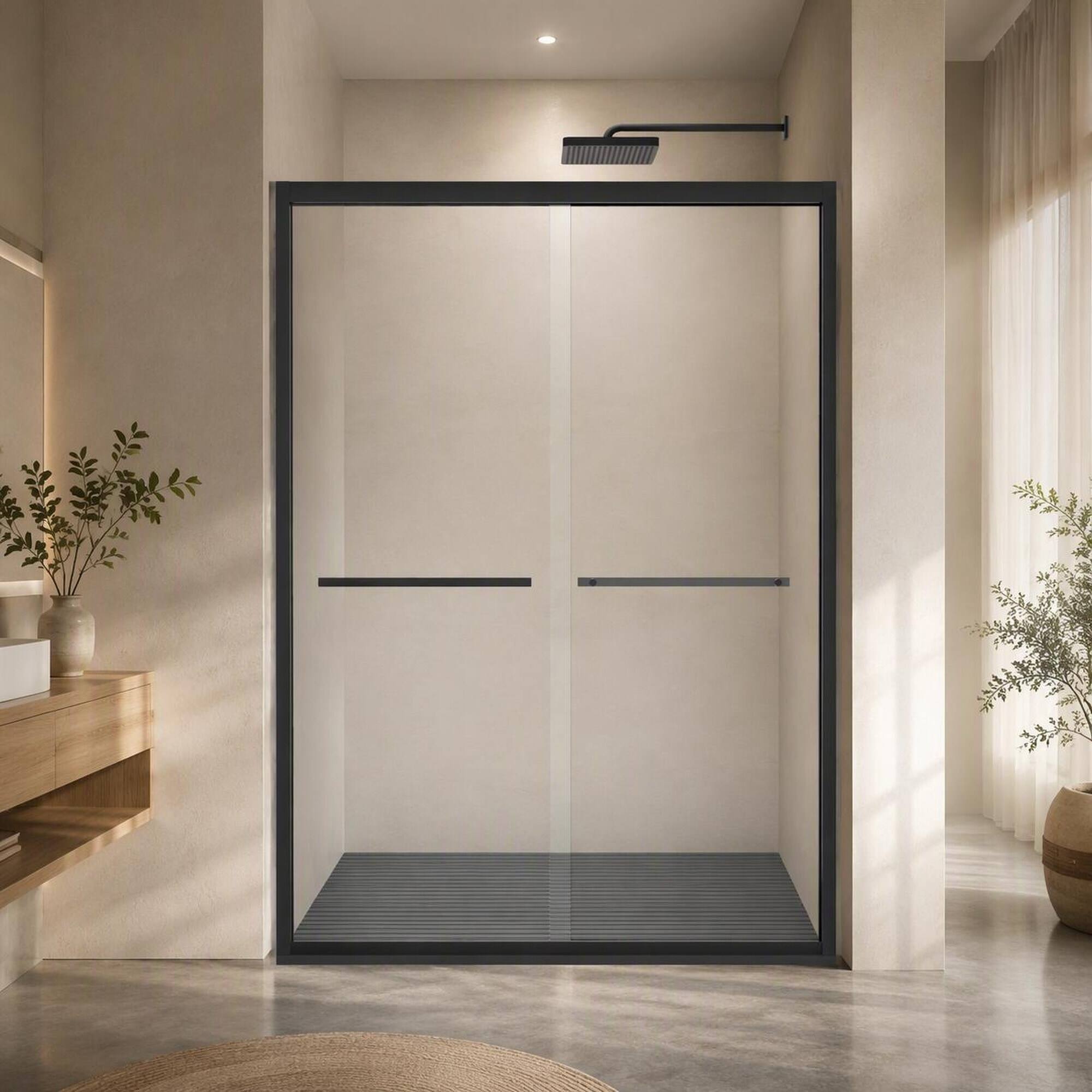 Front. RYHNUYNE - 44-48" X 72" Aluminum Frame Double Sliding Shower Door With 5/16" Clear Tempered Glass, Matte Black Hardware - Matt Black.