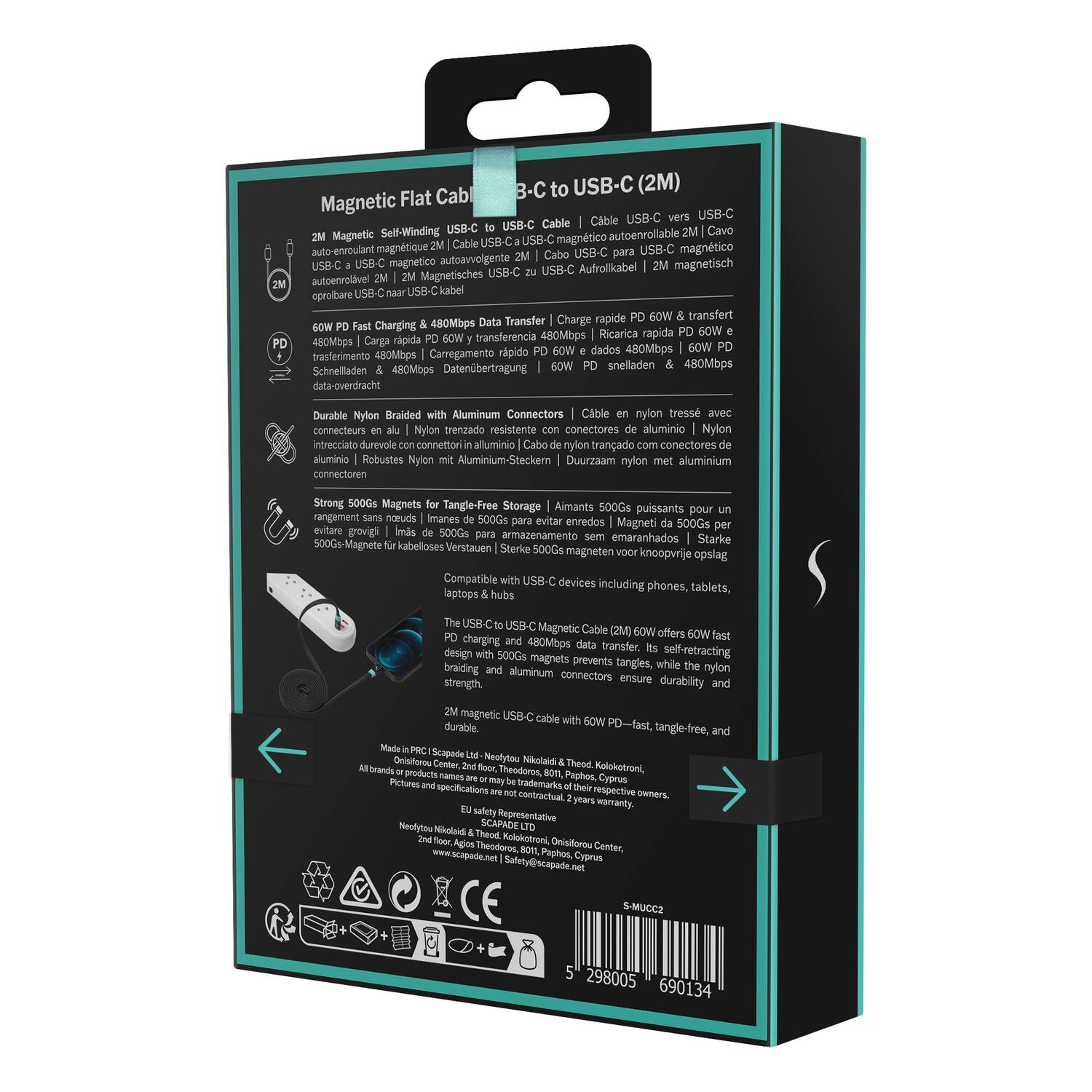 B-C to USB-C (2M) Magnetic Flat Cable

- 2M Magnetic Self-Winding USB-C to USB-C
- 60W Fast Charging & 480Mbps Data Transfer
- Durable Nylon Braided with Aluminum Connectors
- Strong 500Gs Magnets for Tangle-Free Storage

Compatible with USB-C devices including phones, tablets, laptops & hubs

The USB-C to USB-C Cable offers 60W fast charging and 480Mbps data transfer. The magnetic design with 500Gs magnets prevents tangling, while the nylon braiding and aluminum connectors ensure durability and strength.

Made in Cyprus

S-MUC2