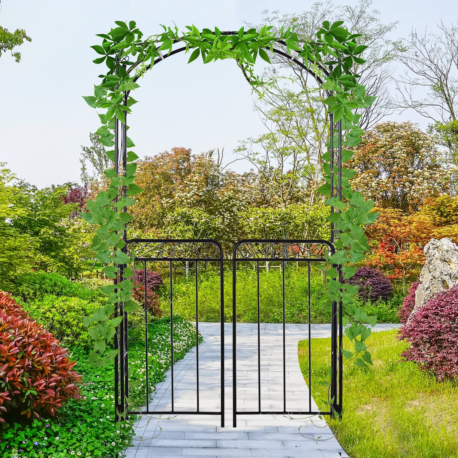 Alt View 1. Outsunny - Arch Arbor with Gate, Metal Arch Trellis, Garden Archway for Climbing Vines - Black.