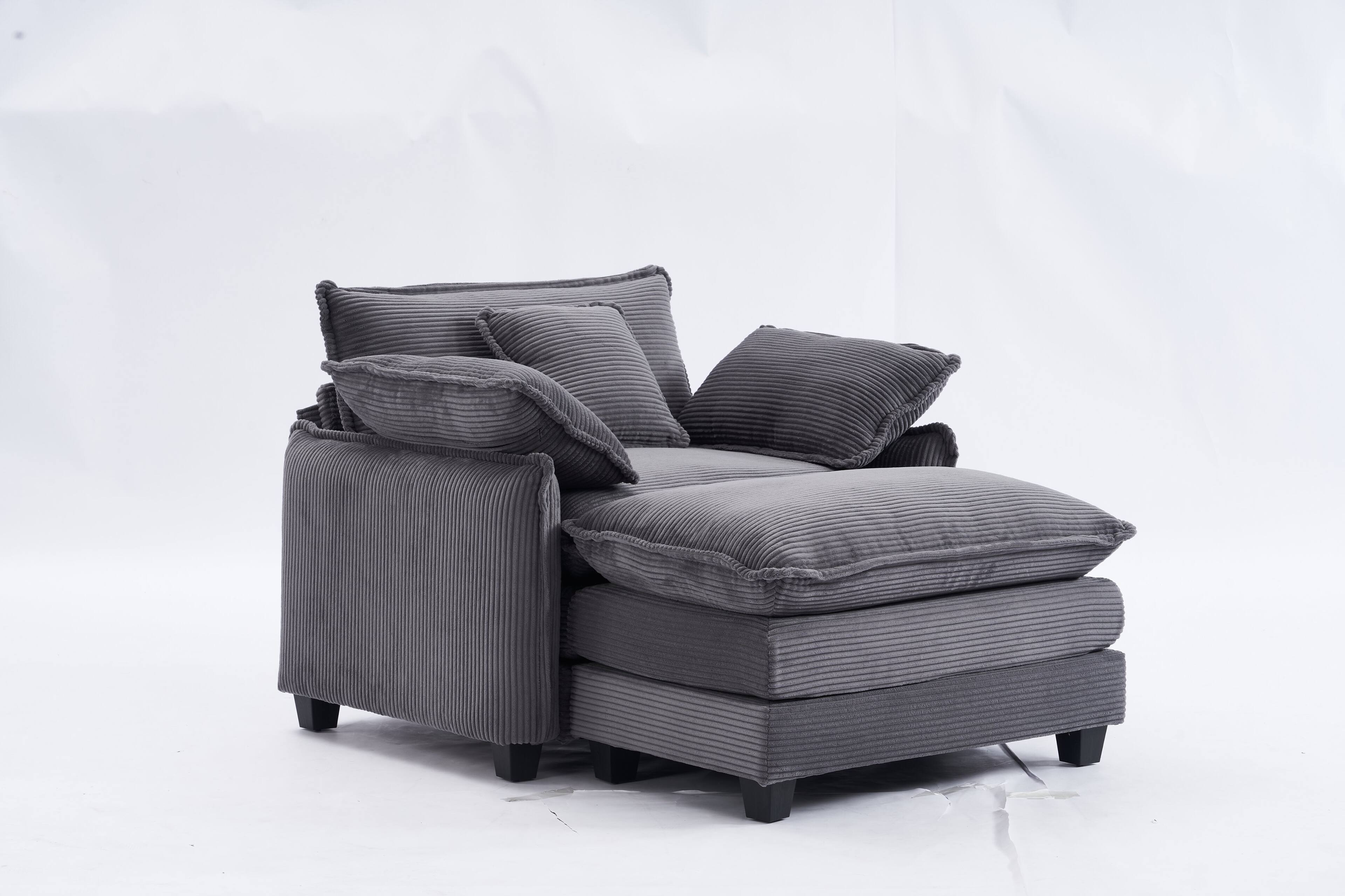 Angle. JUJABU - Grey Corduroy Fabric 46" Single Lounge Accent Chair with 1 Ottoman and Removable Armrest - Gray.