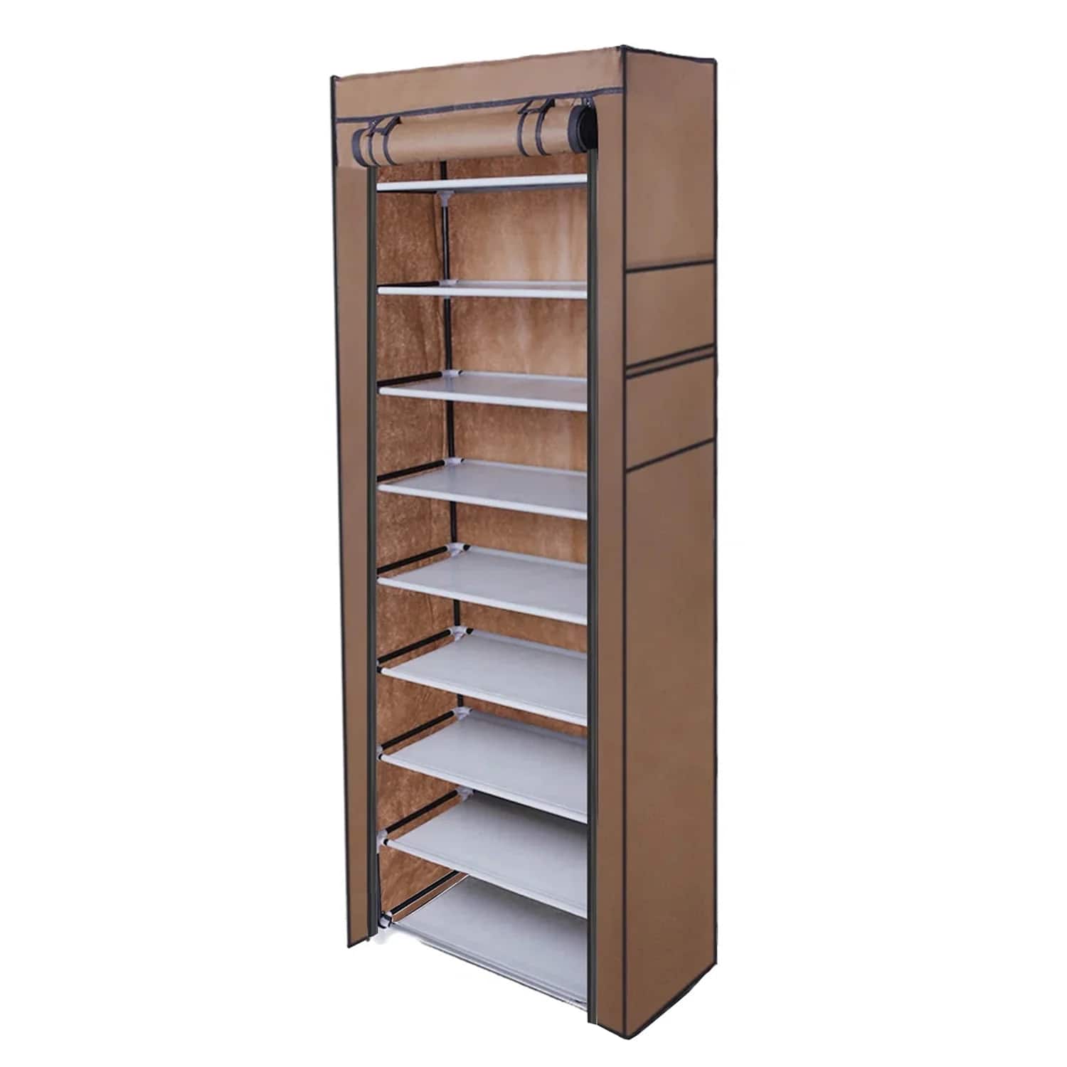 Front. SKONYON - 9-Tier Shoe Rack with Dustproof Cover, Freestanding Storage Organizer for Closet or Entryway - Brown.