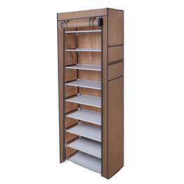 SKONYON - 9-Tier Shoe Rack with Dustproof Cover, Freestanding Storage Organizer for Closet or Entryway - Brown