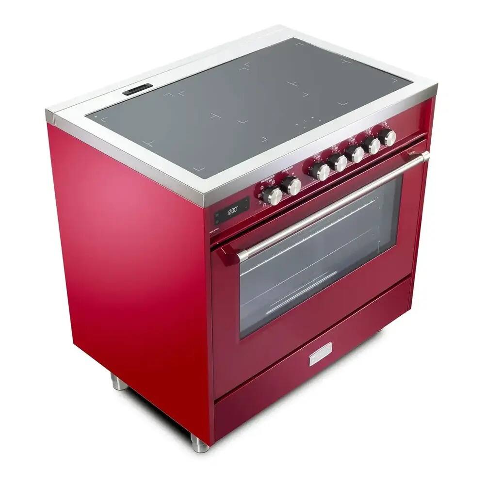 Angle. Verona - Verona 36 inch Ultima Collection Freestanding Induction Range with 5 Elements, 5 cu. ft. Oven Capacity (Burgundy) - Burgundy.