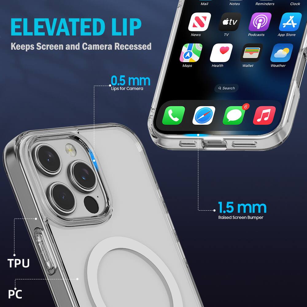ELEVATED LIP  
Keeps Screen and Camera Recessed  

0.5 mm  
Lips for Camera  

1.5 mm  
Raised Screen Bumper  

TPU  
PC  

Mail  
Notes  
Reminders  
Clock  

News  
TV  
Podcasts  
App Store  

Maps  
Health  
Wallet  
Weather  

Search