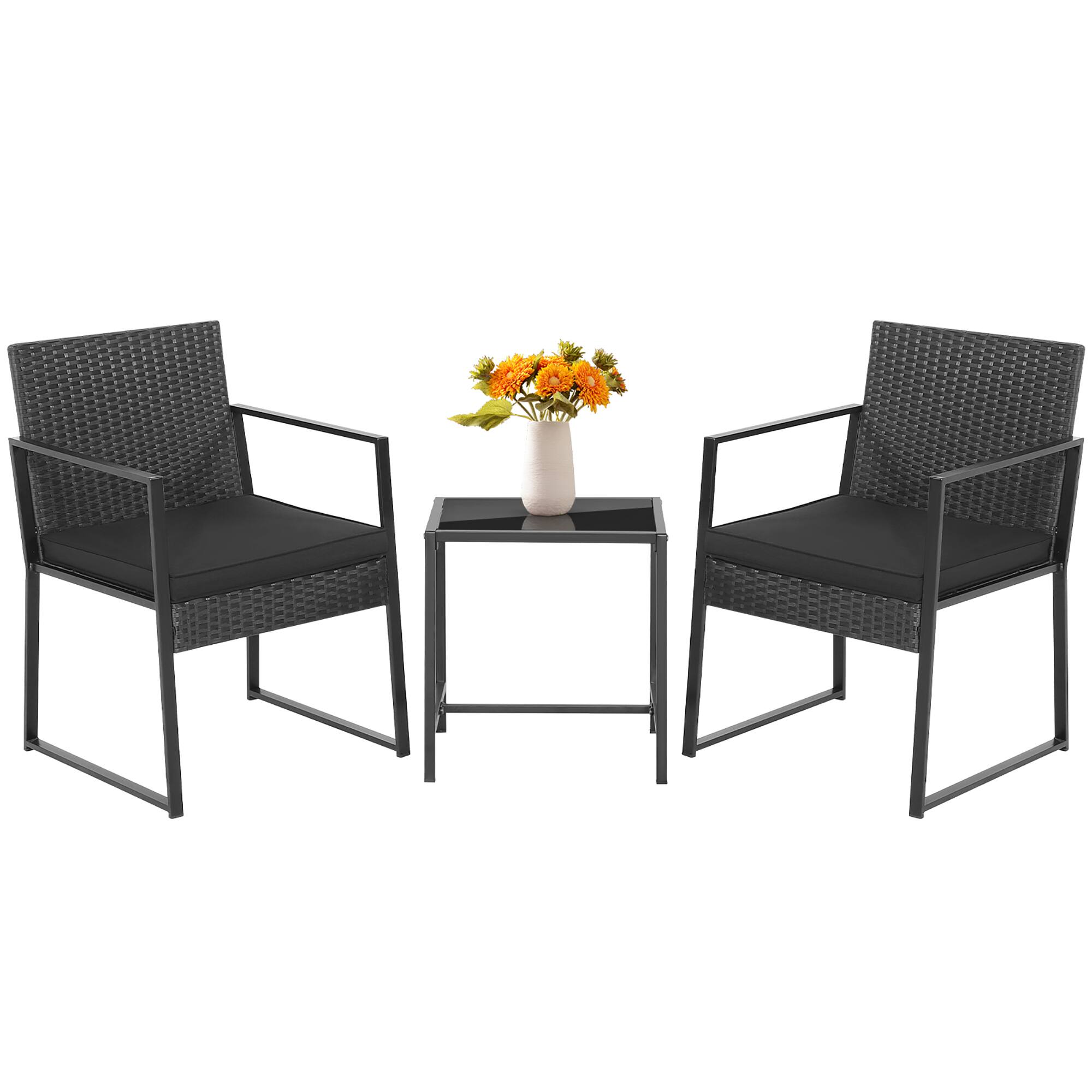 Front. Costway - Costway 3pcs Patio Furniture Set Heavy Duty Cushioned Wicker Rattan Chairs Table Outdoor - Black.