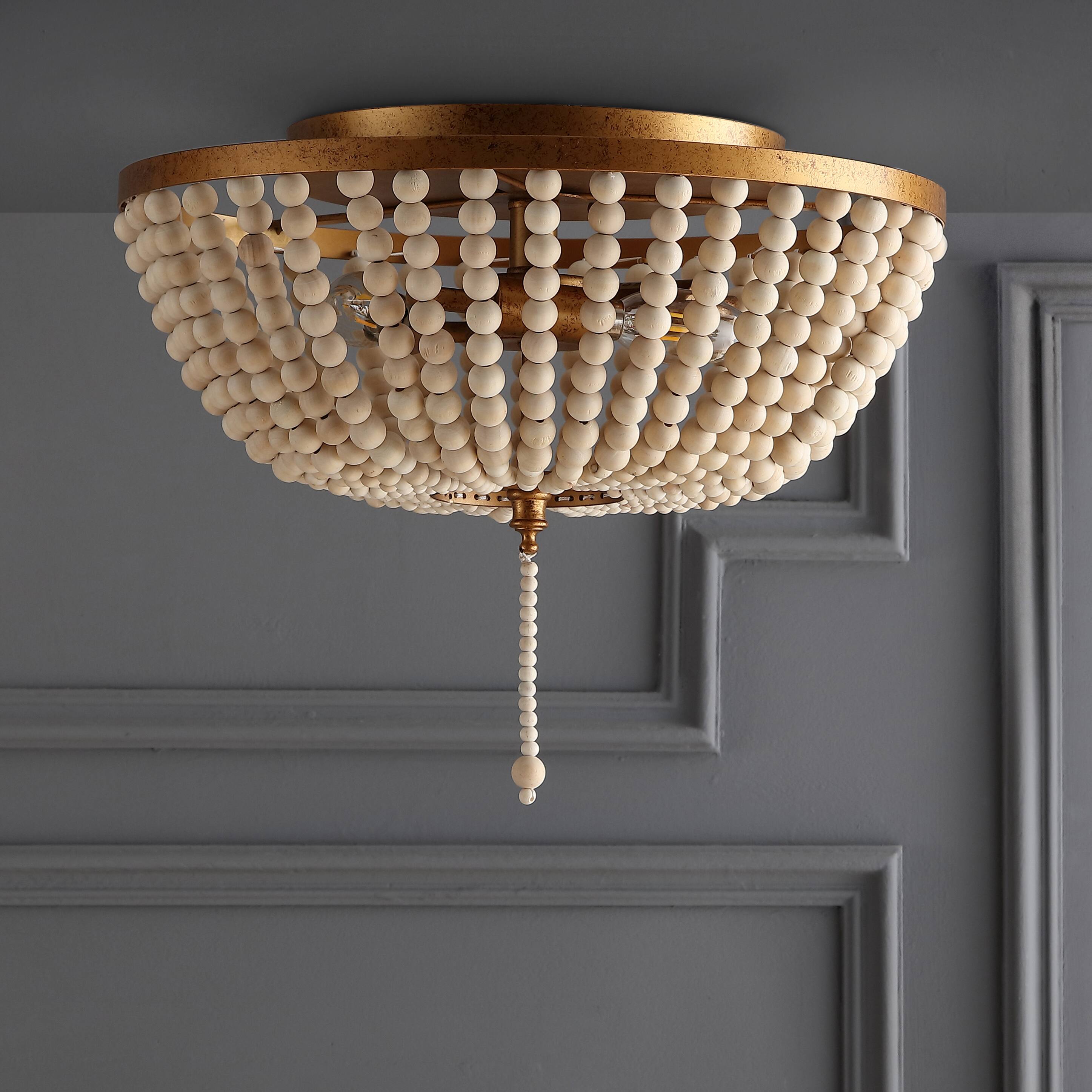 Alt View 4. Jonathan Y - Allison 15" 3-Light Shabby Chic Farmhouse Wood Beaded/Metal LED Flush Mount, Antique Gold/Cream - Antique Gold/Cream.