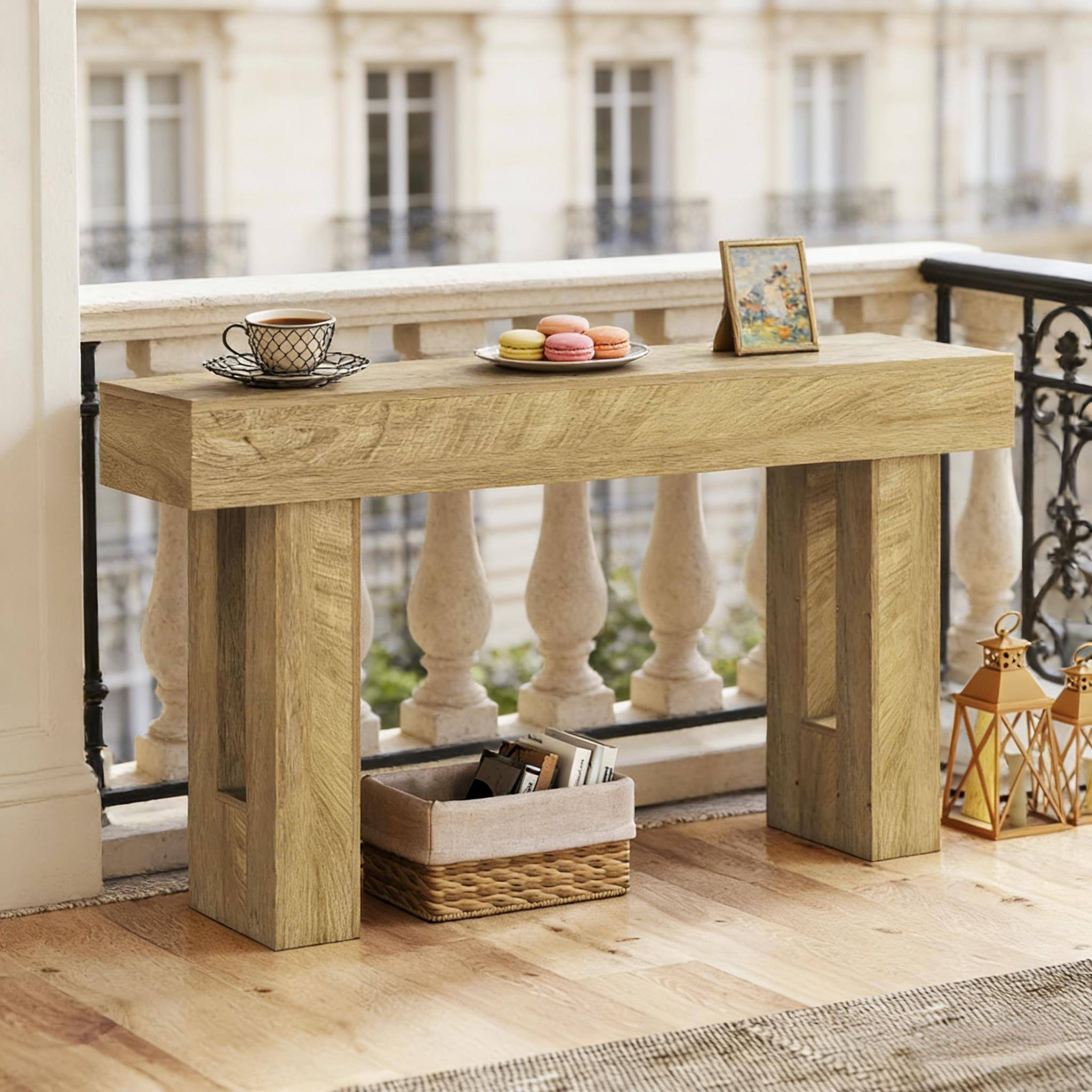 Angle. Whisen - 63" Long Console Sofa Table, Rustic MDF Entryway Hallway Table with Thickened Top, Easy Assembly - Oak.
