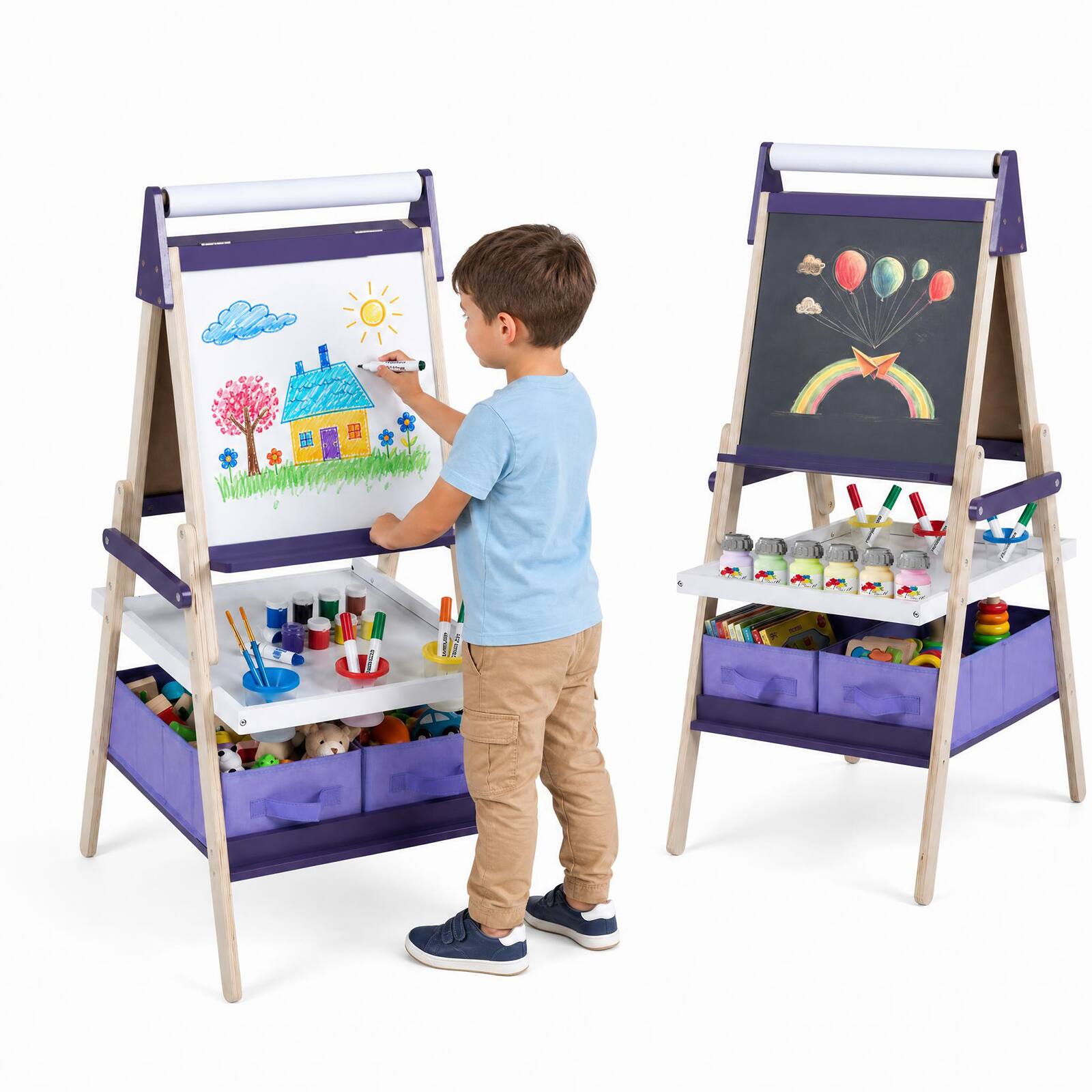 Alt View 8. Costway - Costway Easel for Kid, Double-sided Kids Easel with Magnetic Whiteboard & Chalkboard - Purple.