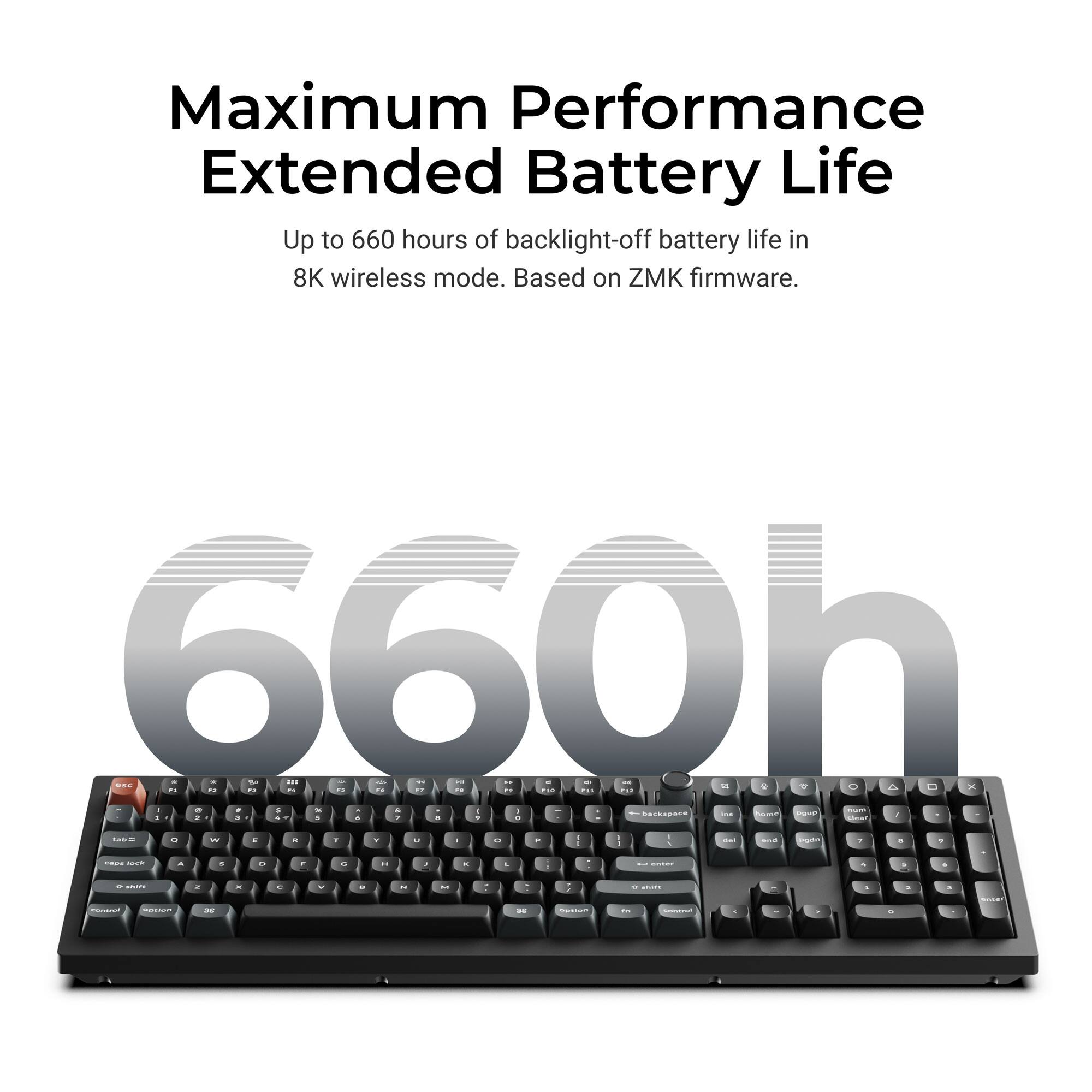 Maximum Performance Extended Battery Life

Up to 660 hours of backlight-off battery life in 8K wireless mode. Based on ZMK firmware.