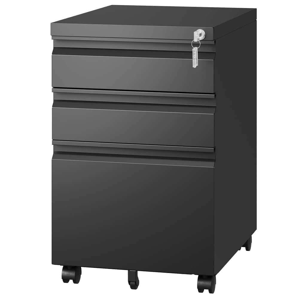 Front. Loheer - Loheer 3 Drawer Mobile File Cabinet Metal Locking Office Storage Black.